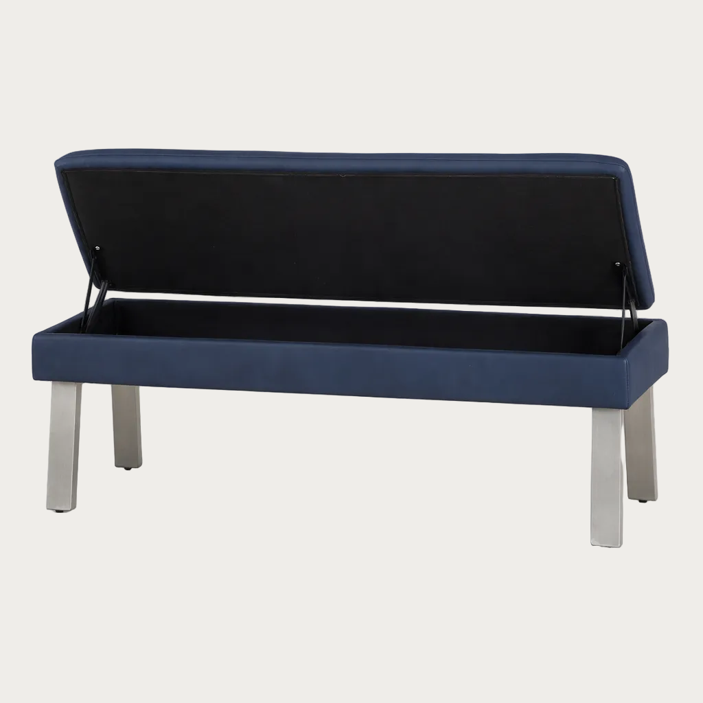 Jezebel blue bench with metal legs on a white background