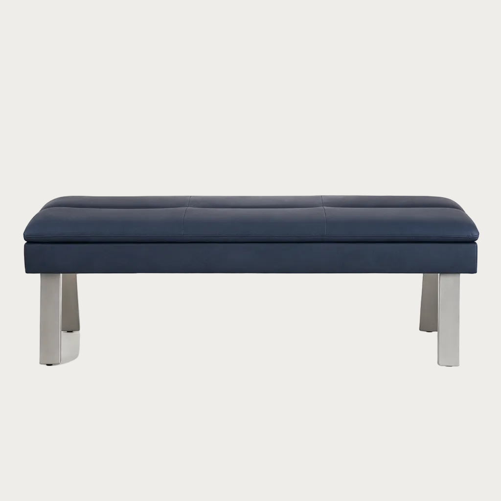 Jezebel Navy blue bench with silver legs on a white background