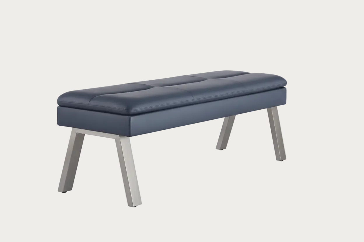 Jezebel blue bench with white legs on a white background