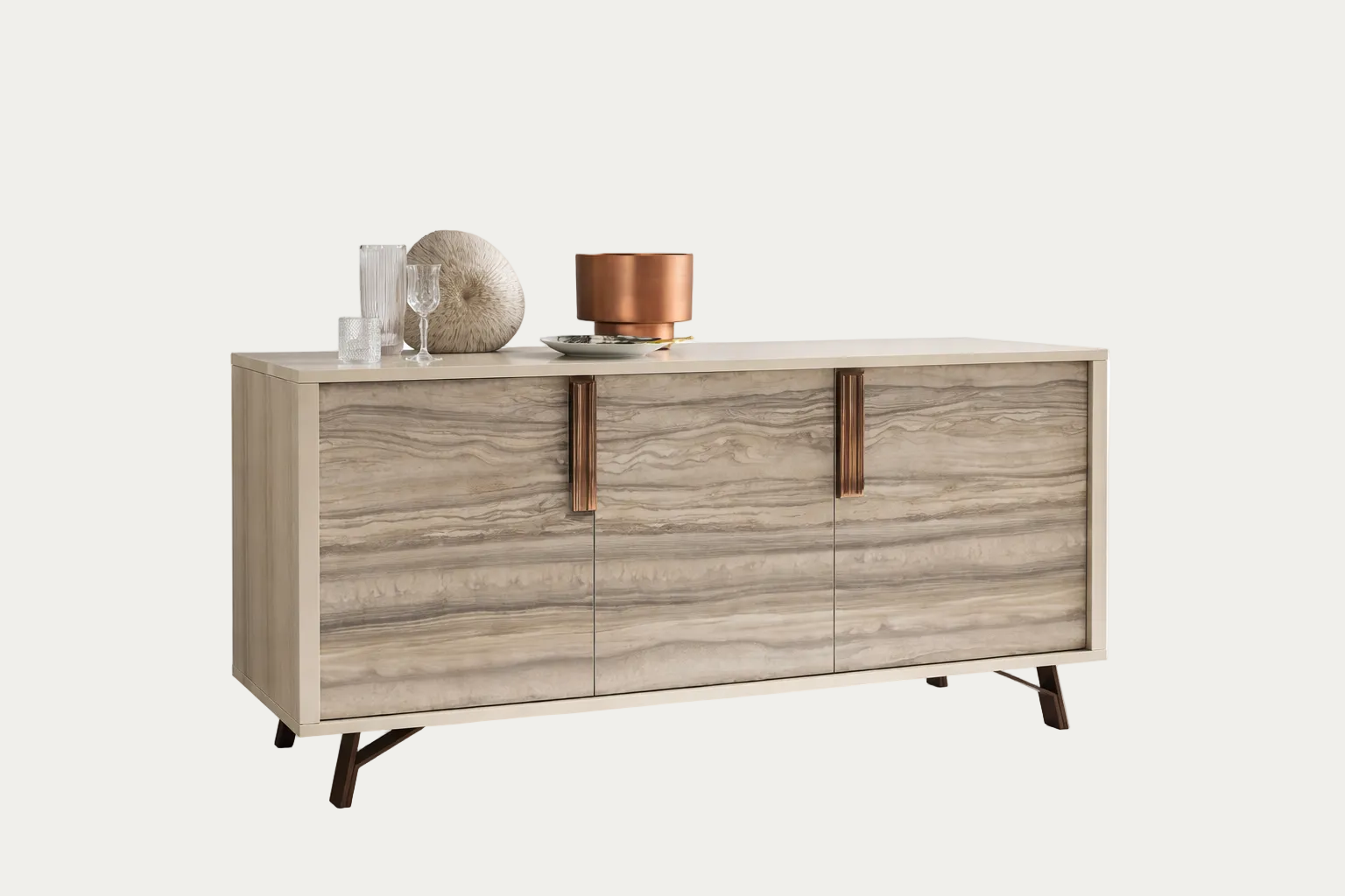 Jupiter 3-door wooden sideboard with decorative items on a white background.