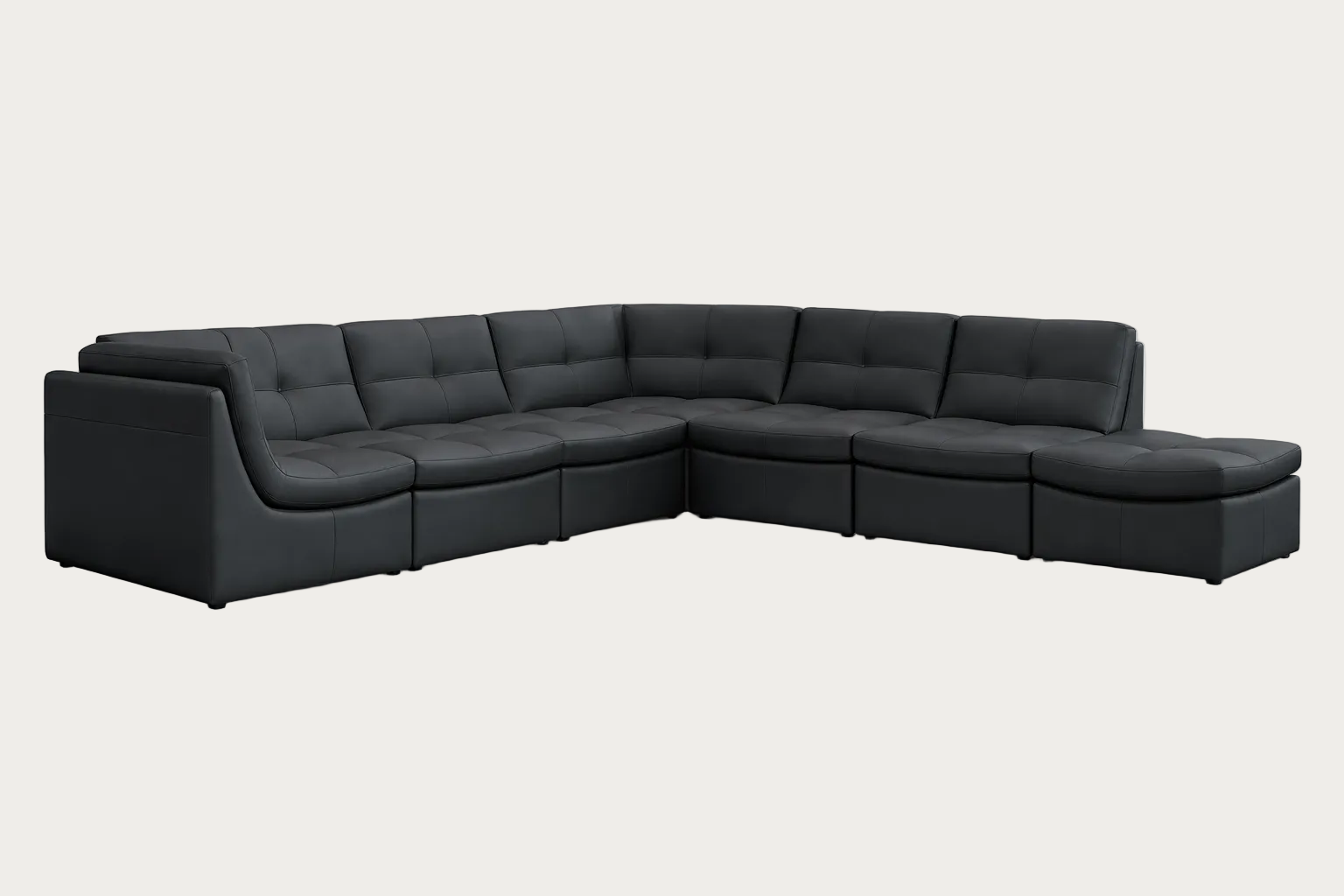 Lego sectional sofa in a black leather on a white background.