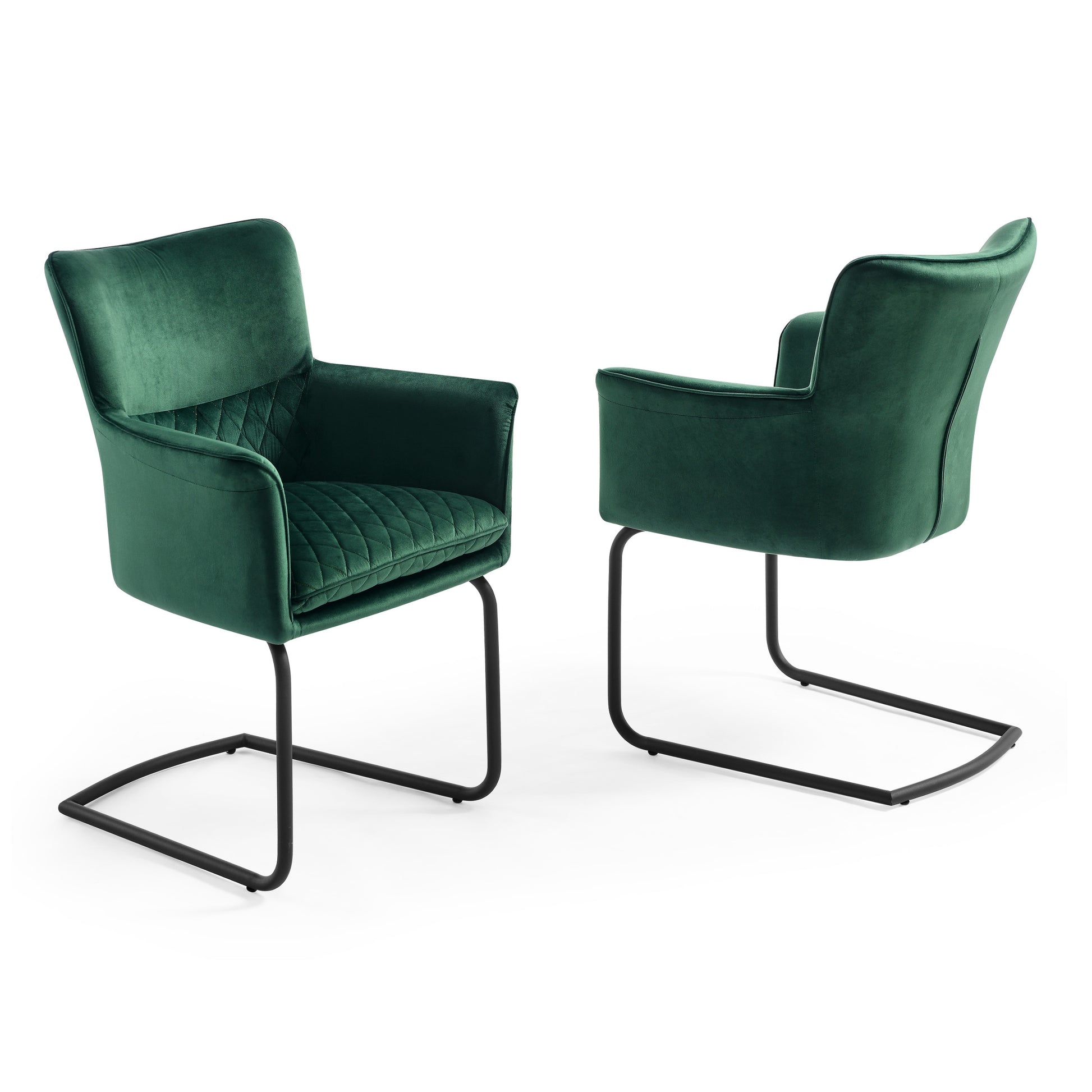 Two Loran green velvet chairs with black metal frames on a white background