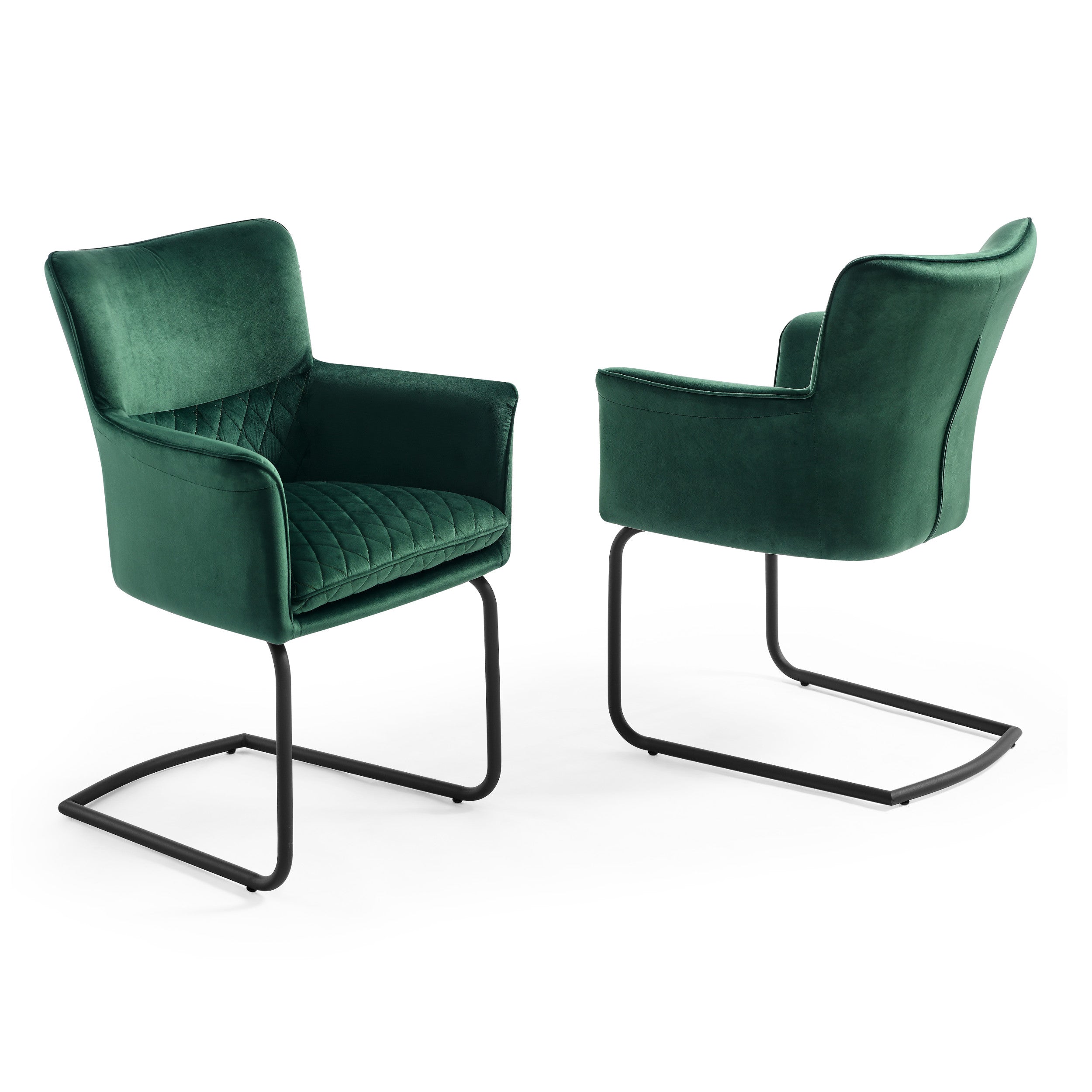 Two Loran green velvet chairs with black metal frames on a white background