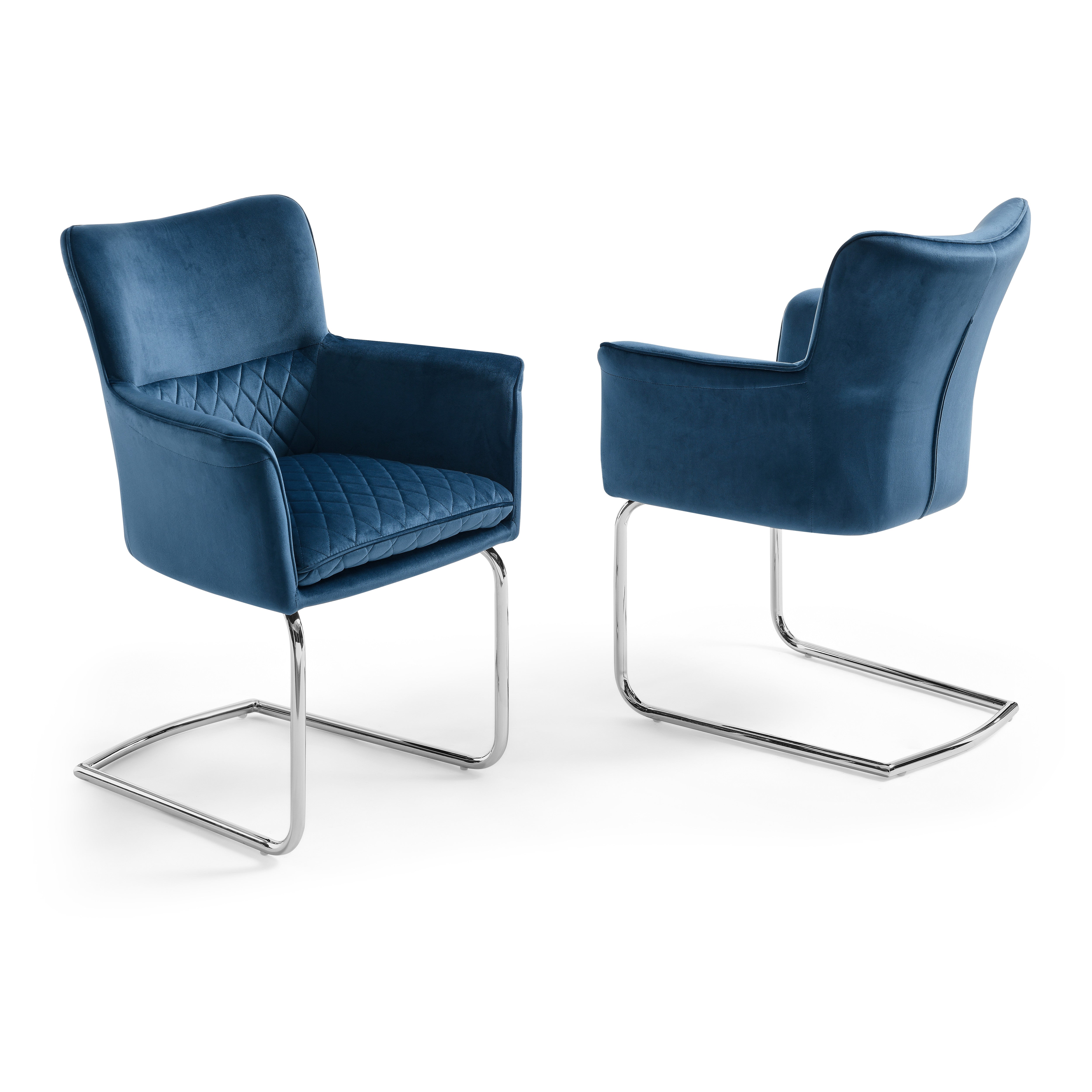 Loran Armchair, Blue Velvet Fabric Upholstered, Chrome Frame