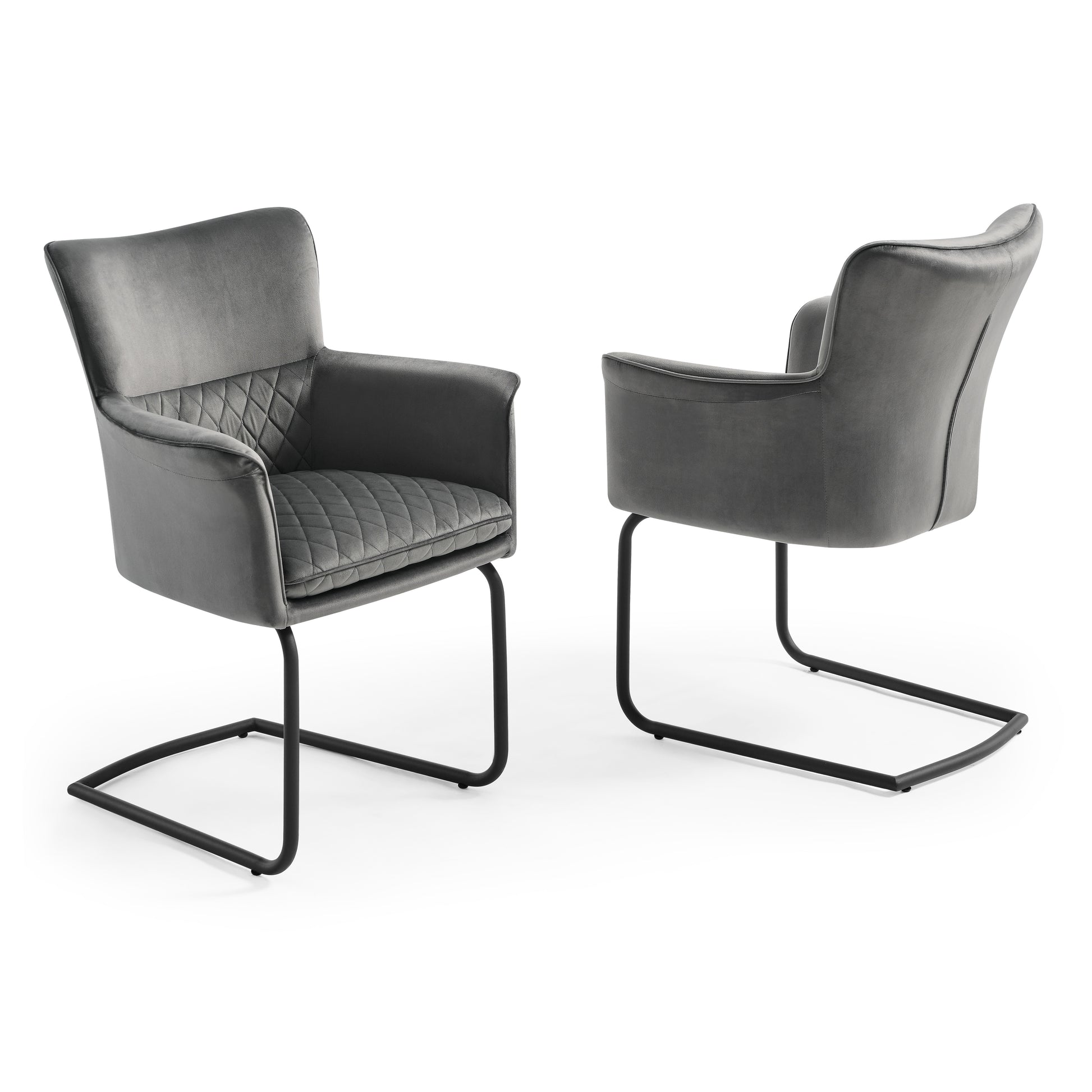 Two Loran modern gray armchairs with quilted backrest on a white background.