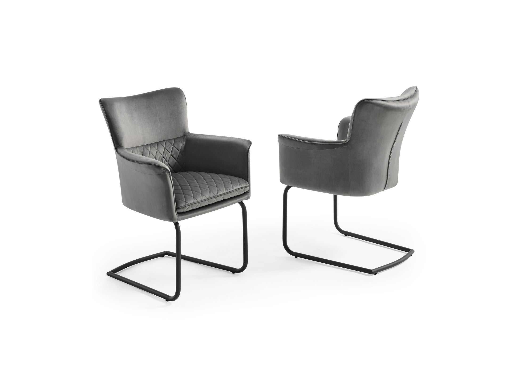 Two Loran modern gray armchairs with quilted backrest on a white background.