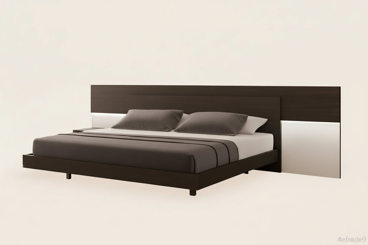 Maia bed with dark wooden frame and gray bedding on a white background