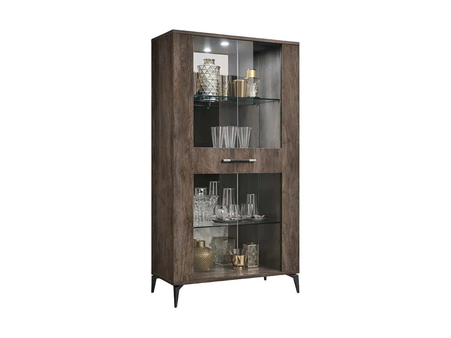 Matera 2-Door Curio cabinet with glass doors on a white background.