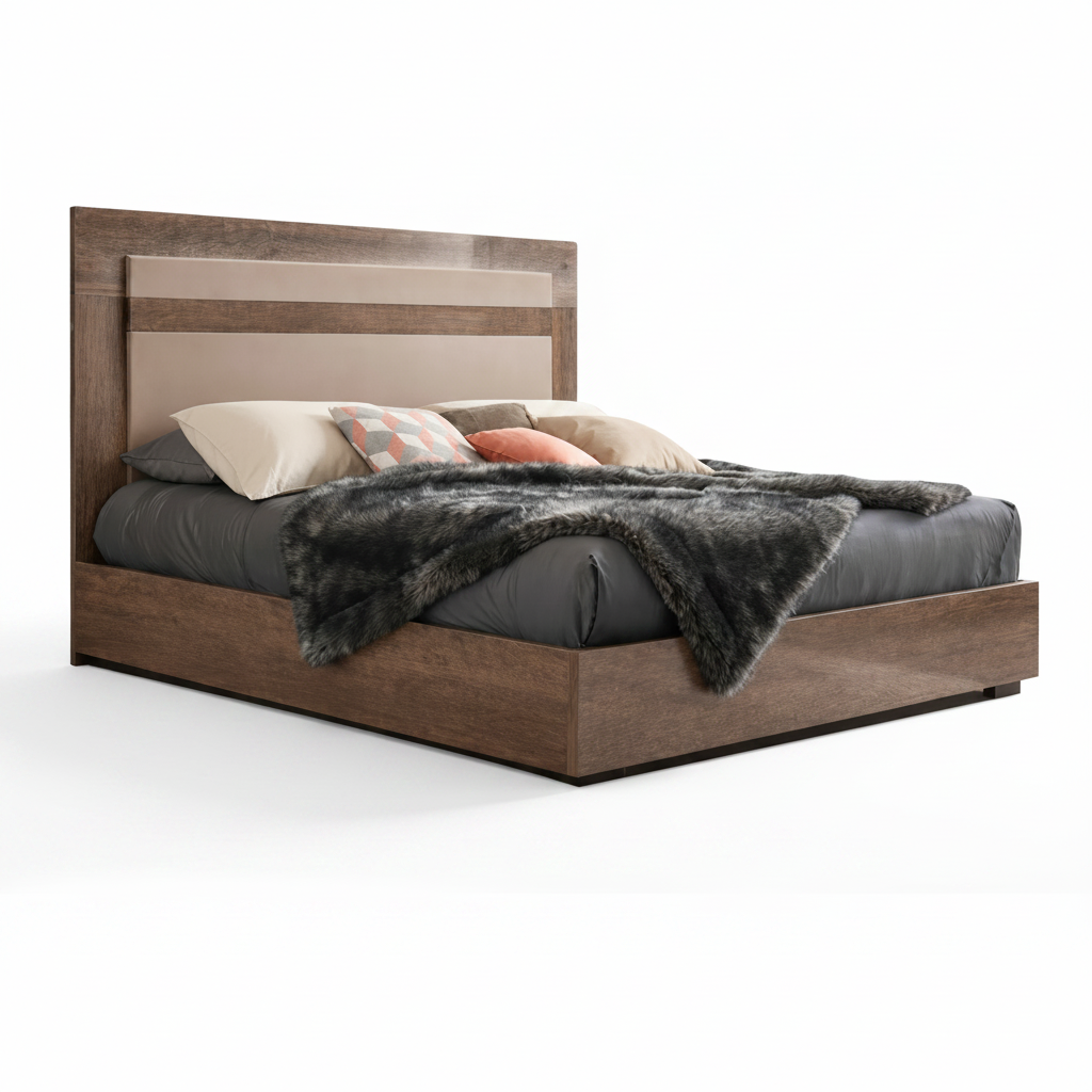 Matera wooden bed with gray bedding and a fur throw on a white background.