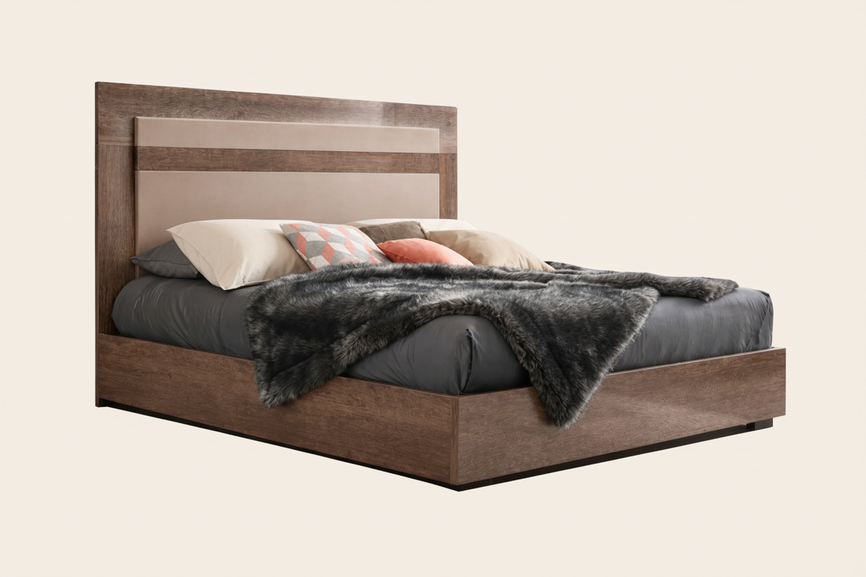 Matera wooden bed with gray bedding and a fur throw on a white background.
