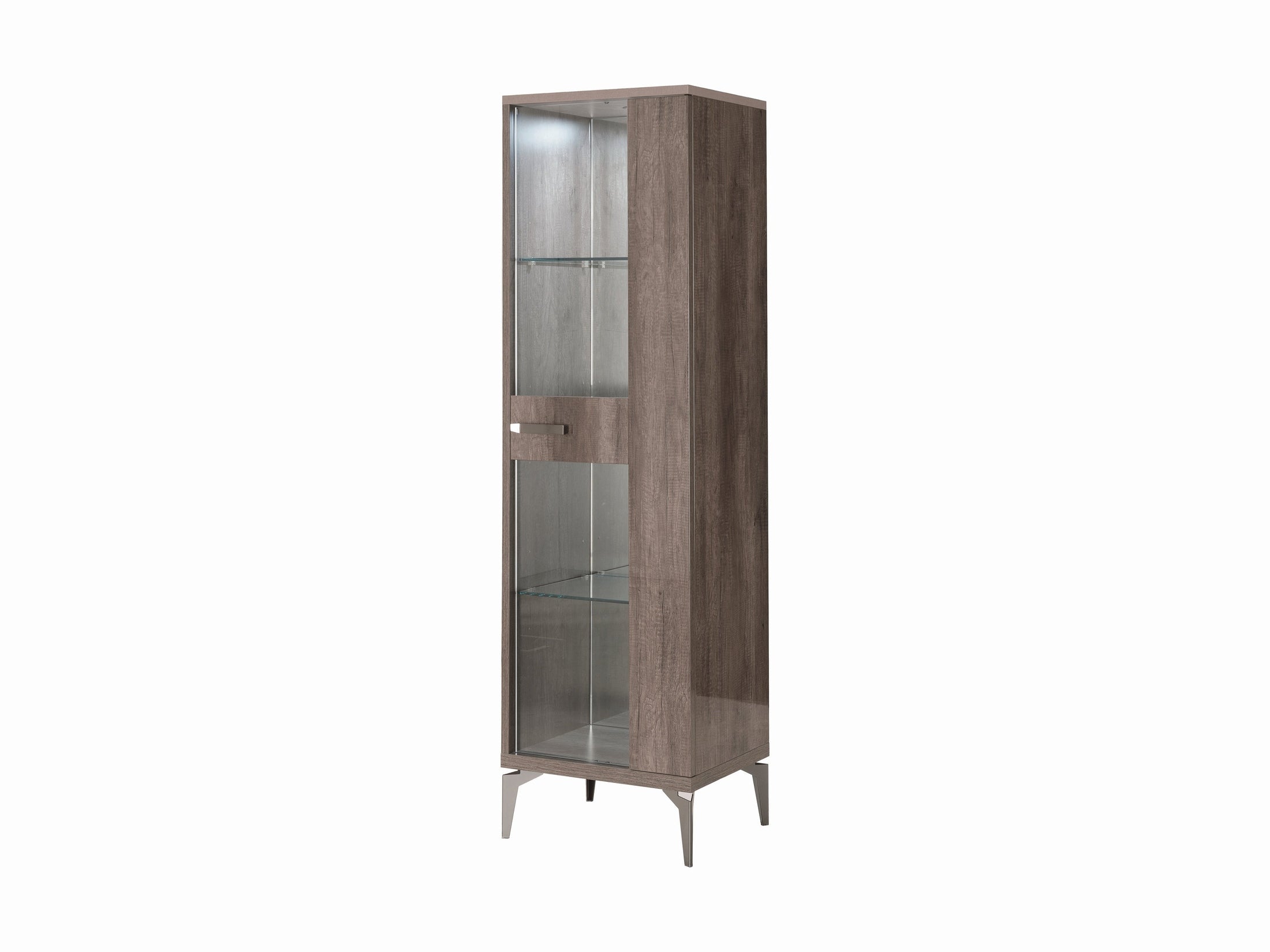 Matera tall glass-fronted cabinet with wooden finish on a white background