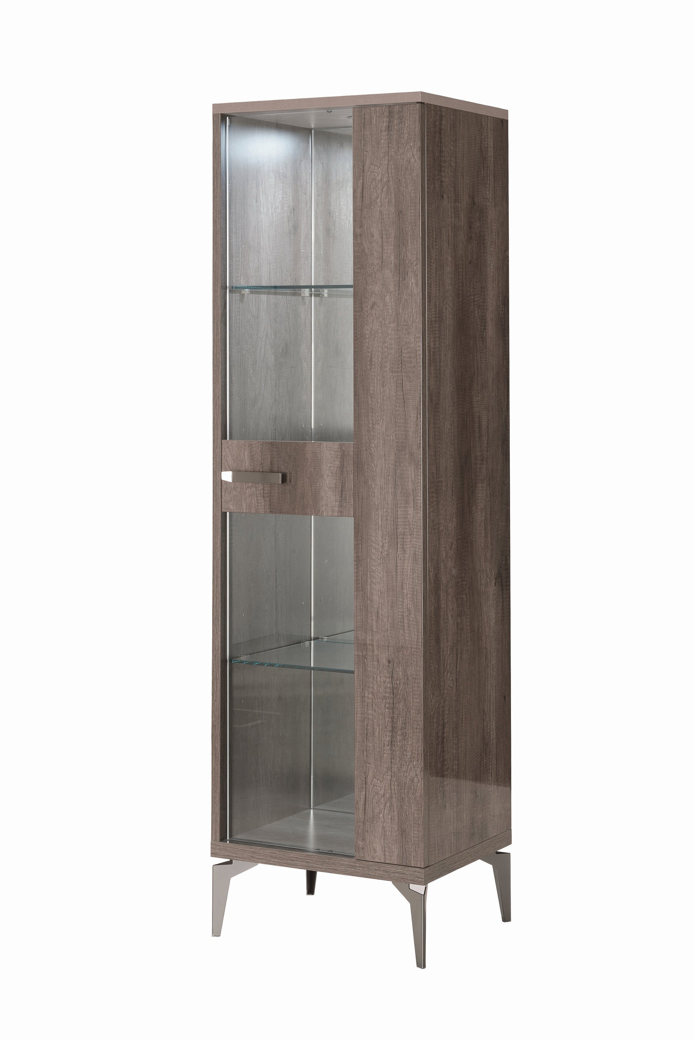 Matera tall glass-fronted cabinet with wooden finish on a white background