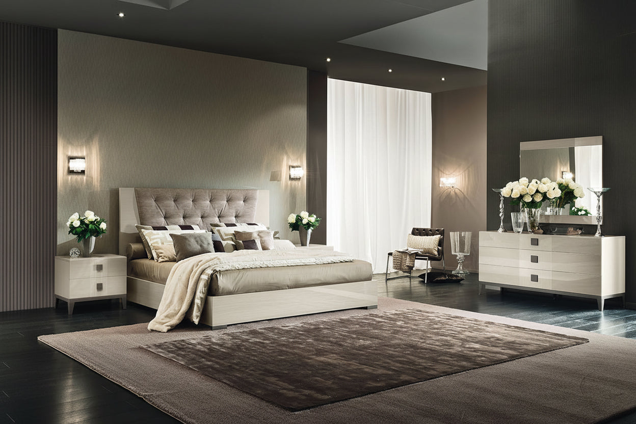 Mont Blanc Modern bedroom set with a gray upholstered bed, nightstands, and a dresser.