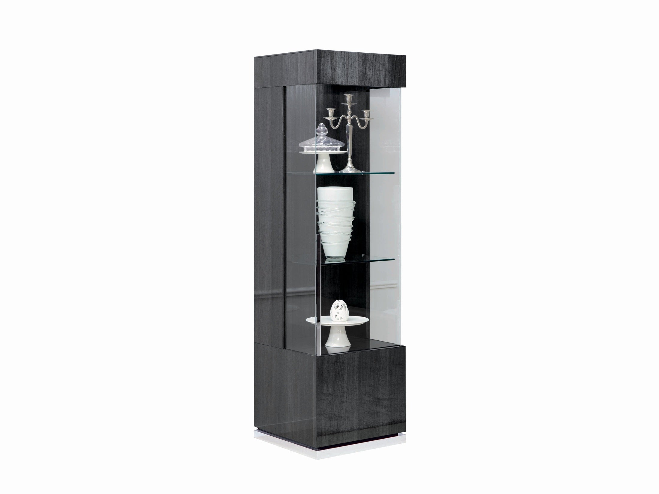 Monte Carlo curio cabinet with glass doors containing decorative items.