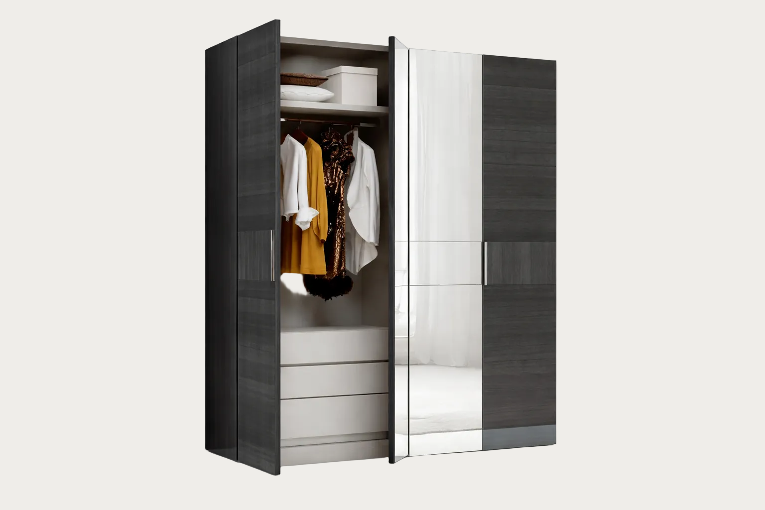Montecarlo inner chest of wardrobe with clothes and a mirror on a white background.