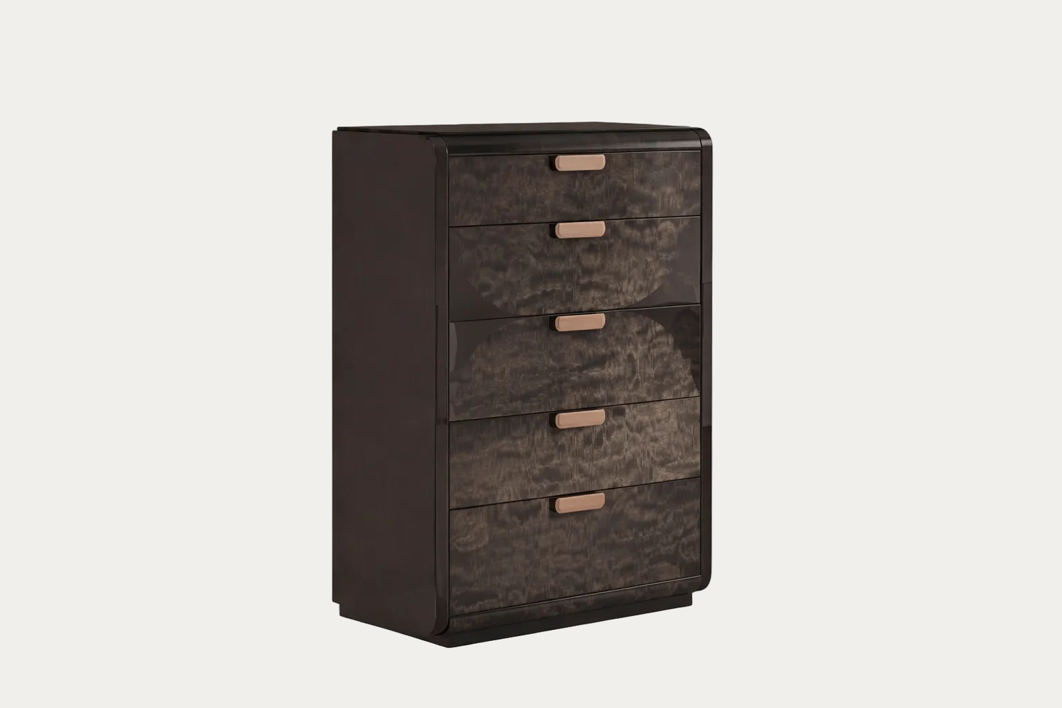 Nyx dark brown dresser with four drawers on a white background