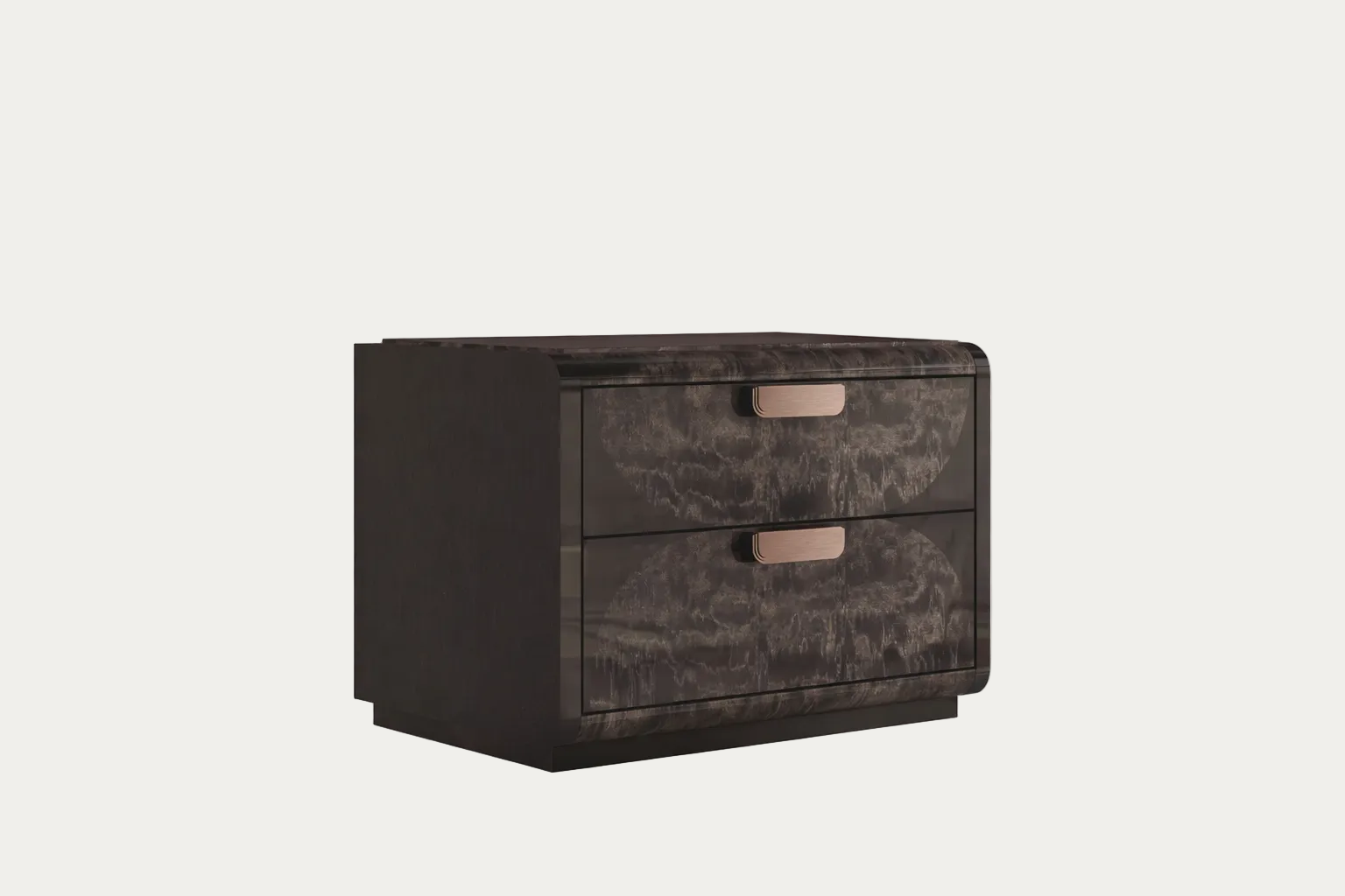 NYX dark brown wooden nightstand with two drawers on a white background.