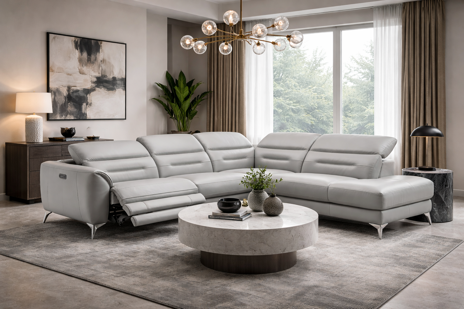 Modern living room with the Neo sectional sofa in grey leather, round coffee table, and decorative elements.