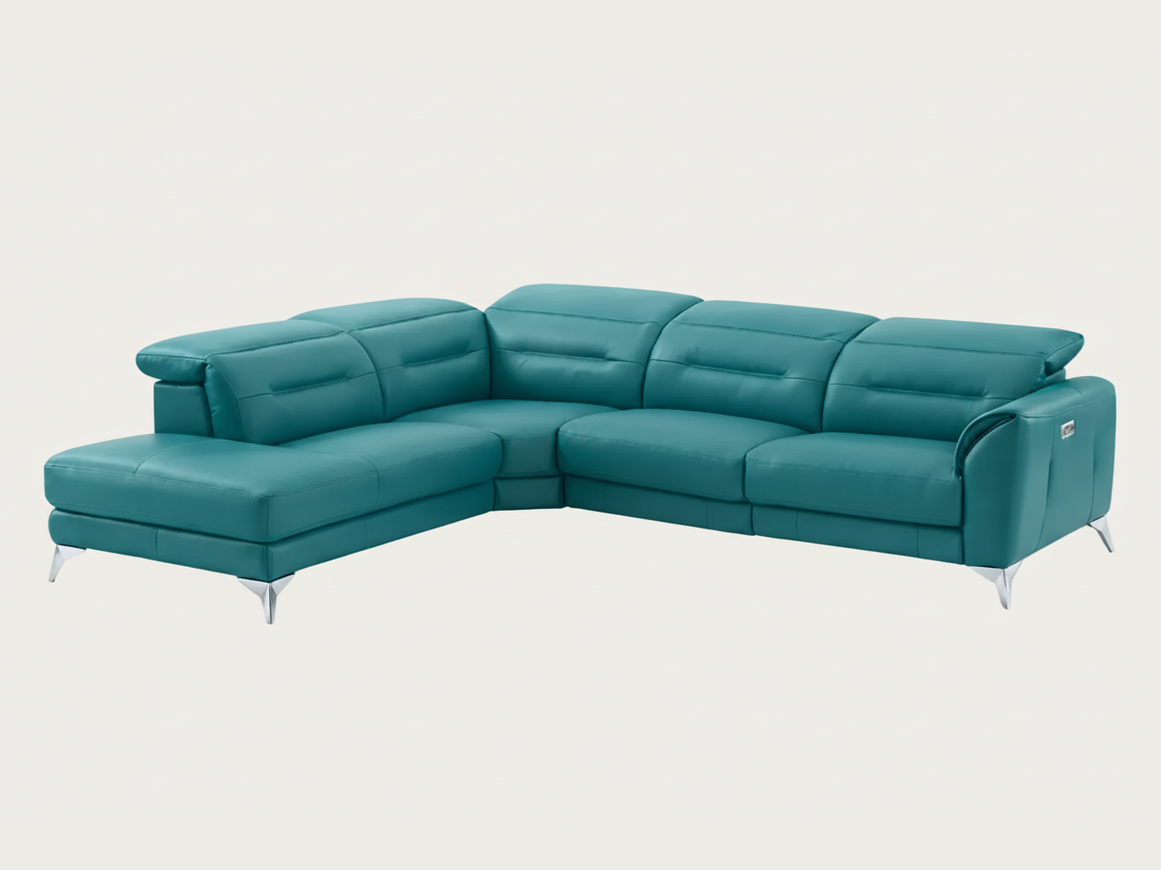Neo sectional sofa in turquoise leather on a white background
