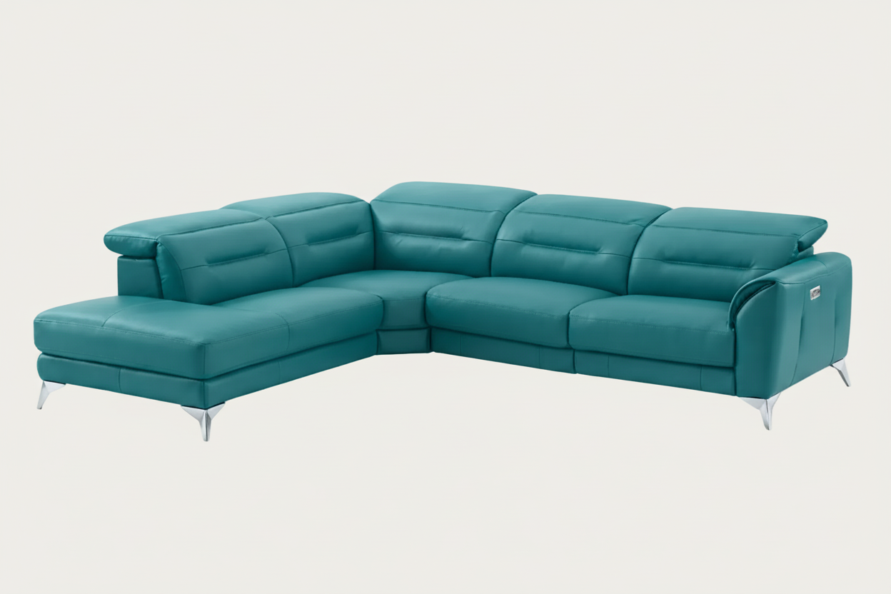 Neo sectional sofa in turquoise leather on a white background