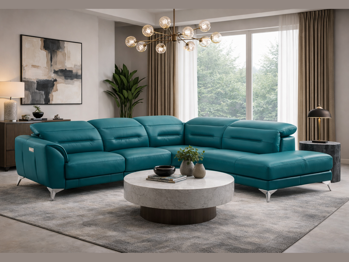 Neo Leather Sectional with Power Recliner, Turquoise