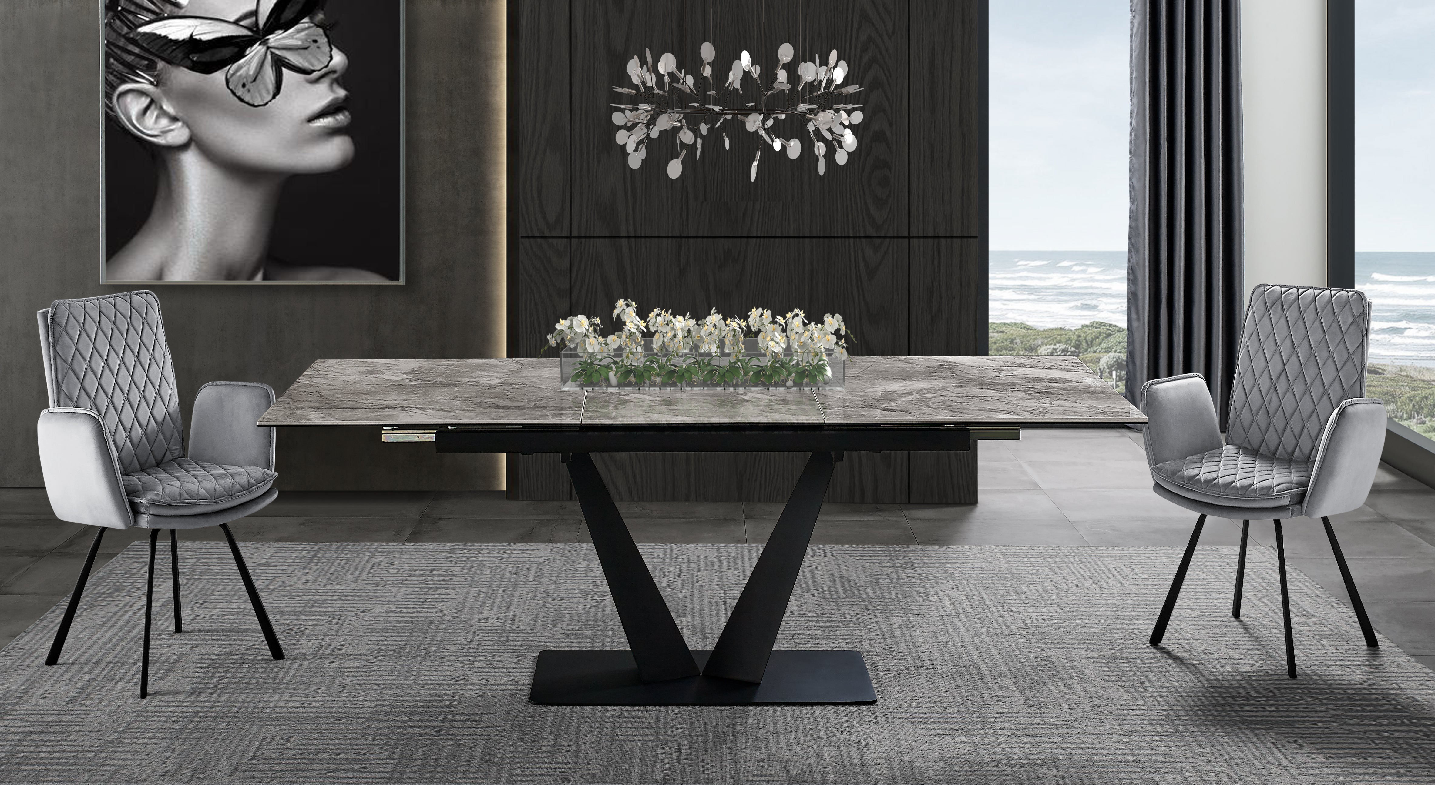 Graf Extendable Dining Table, Ceramic Painted Top