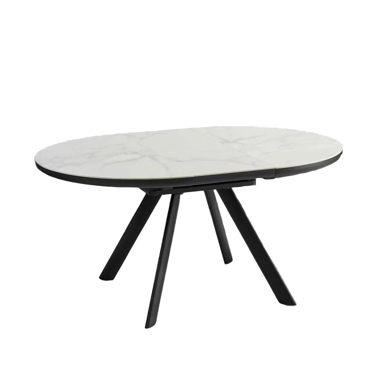 Orbit oval table with white marble top and black metal legs on a gradient background