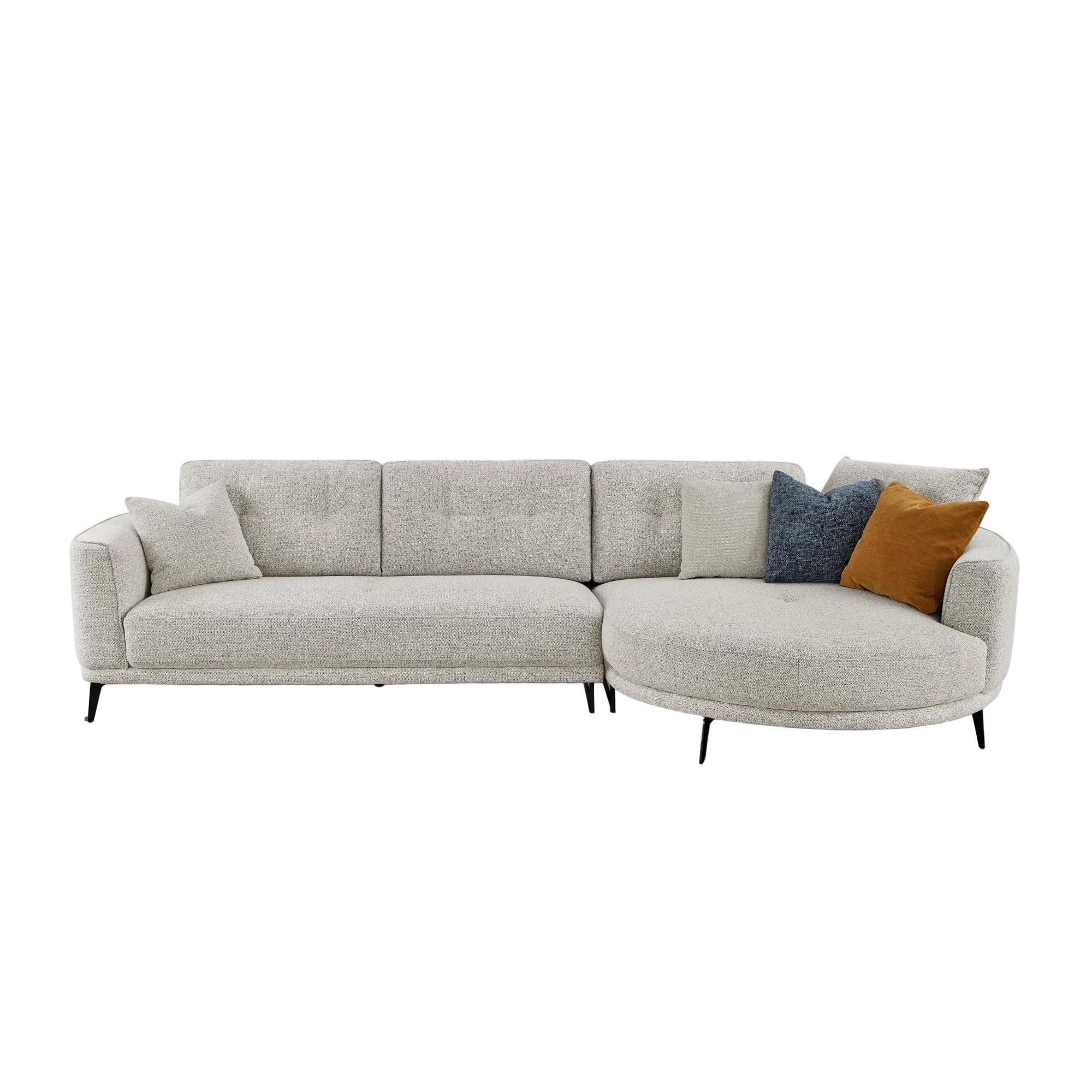 Rene sectional sofa with colorful cushions on a white background