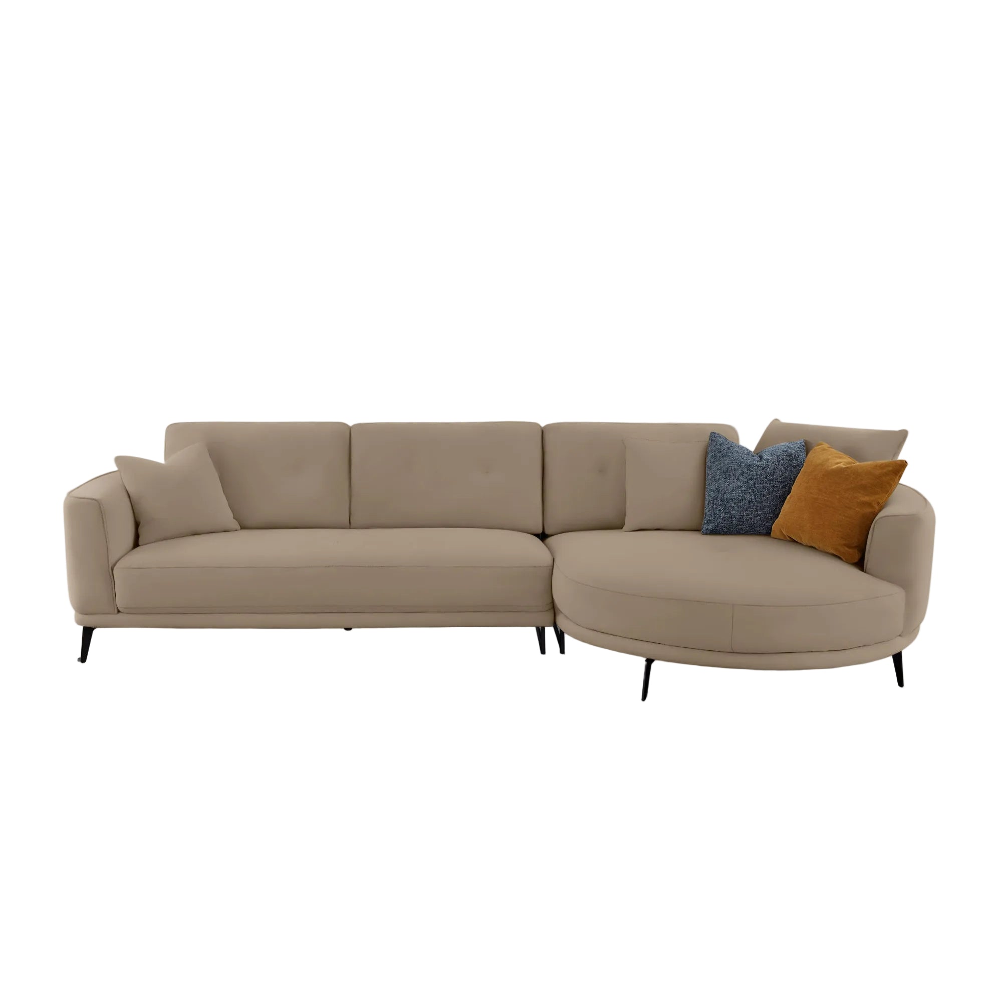 A modern curved sectional sofa upholstered in light taupe fabric, featuring two accent pillows in blue and mustard yellow, set against a plain light gray background.