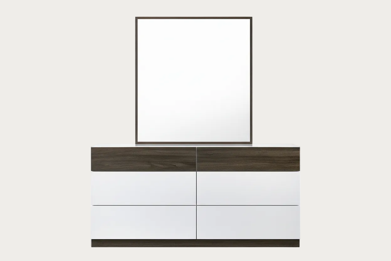 Sanremo white dresser and mirror with dark wood accents 