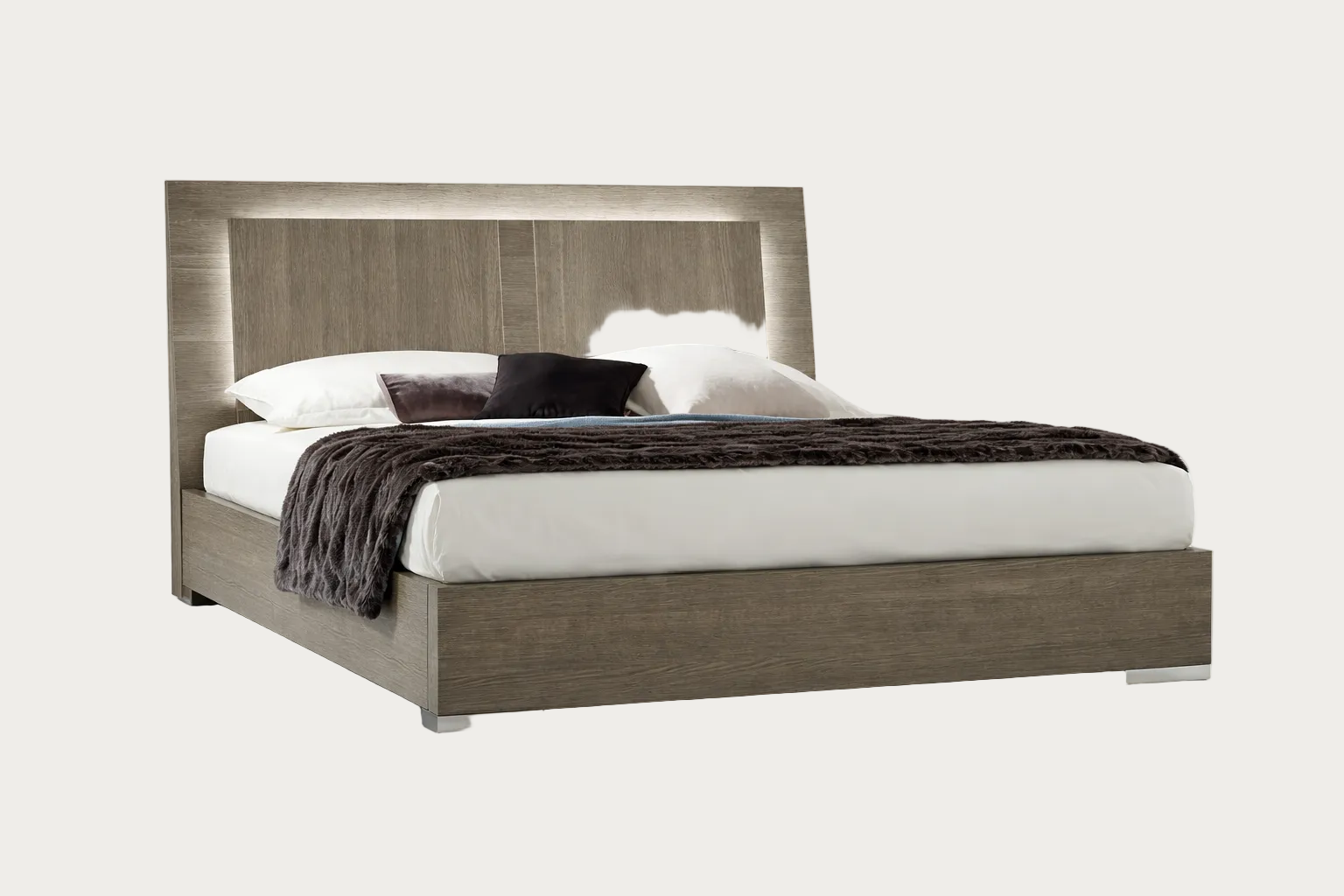 Tivoli modern bed with  headboard lighting and white bedding on a white background