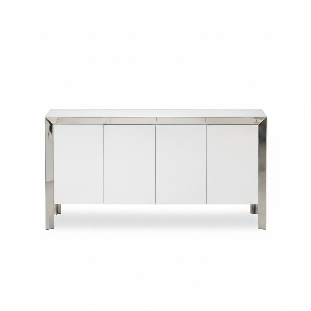 Vanda modern console table with glass panels on a white background