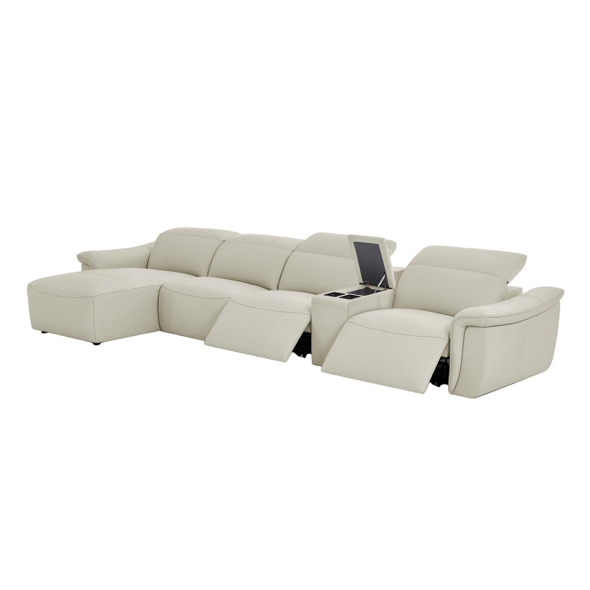 Vanessa 5-piece beige sectional sofa with reclining seats on a gray background.