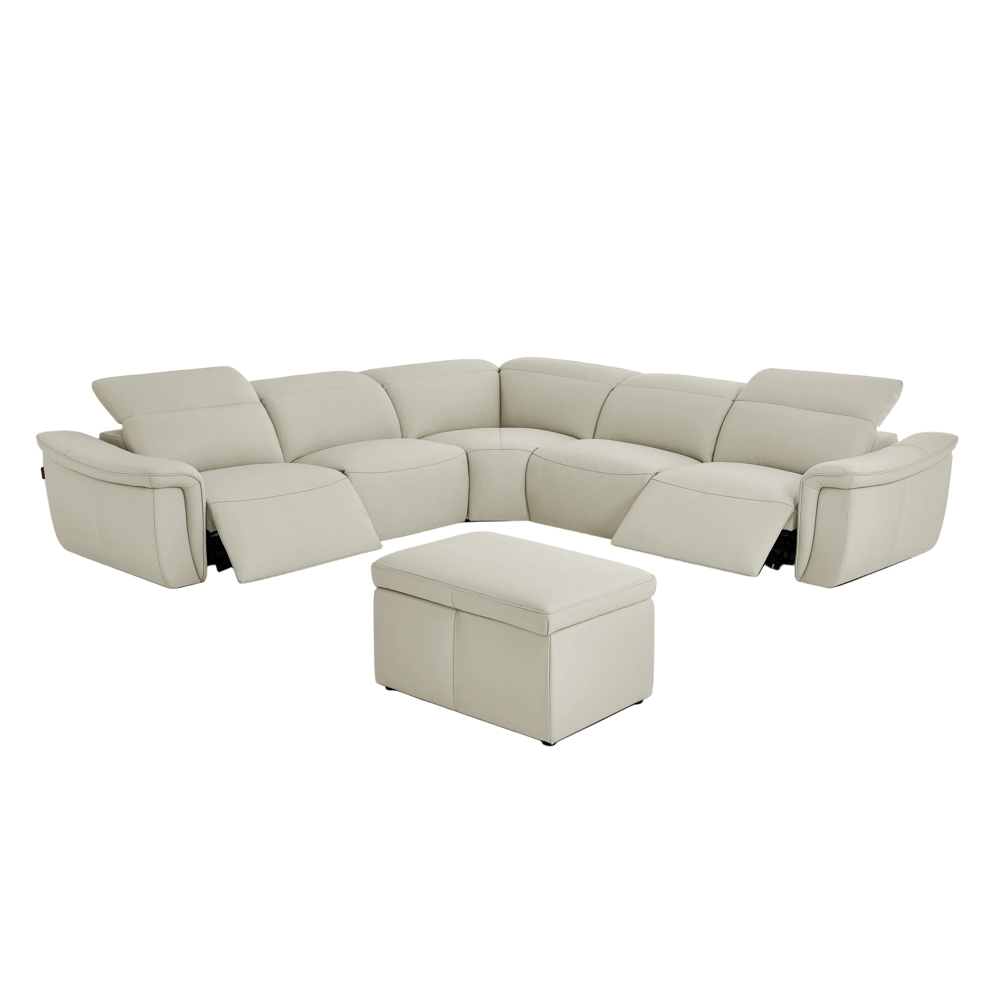 Vanessa 6-pc beige sectional sofa with ottoman on a gray background.