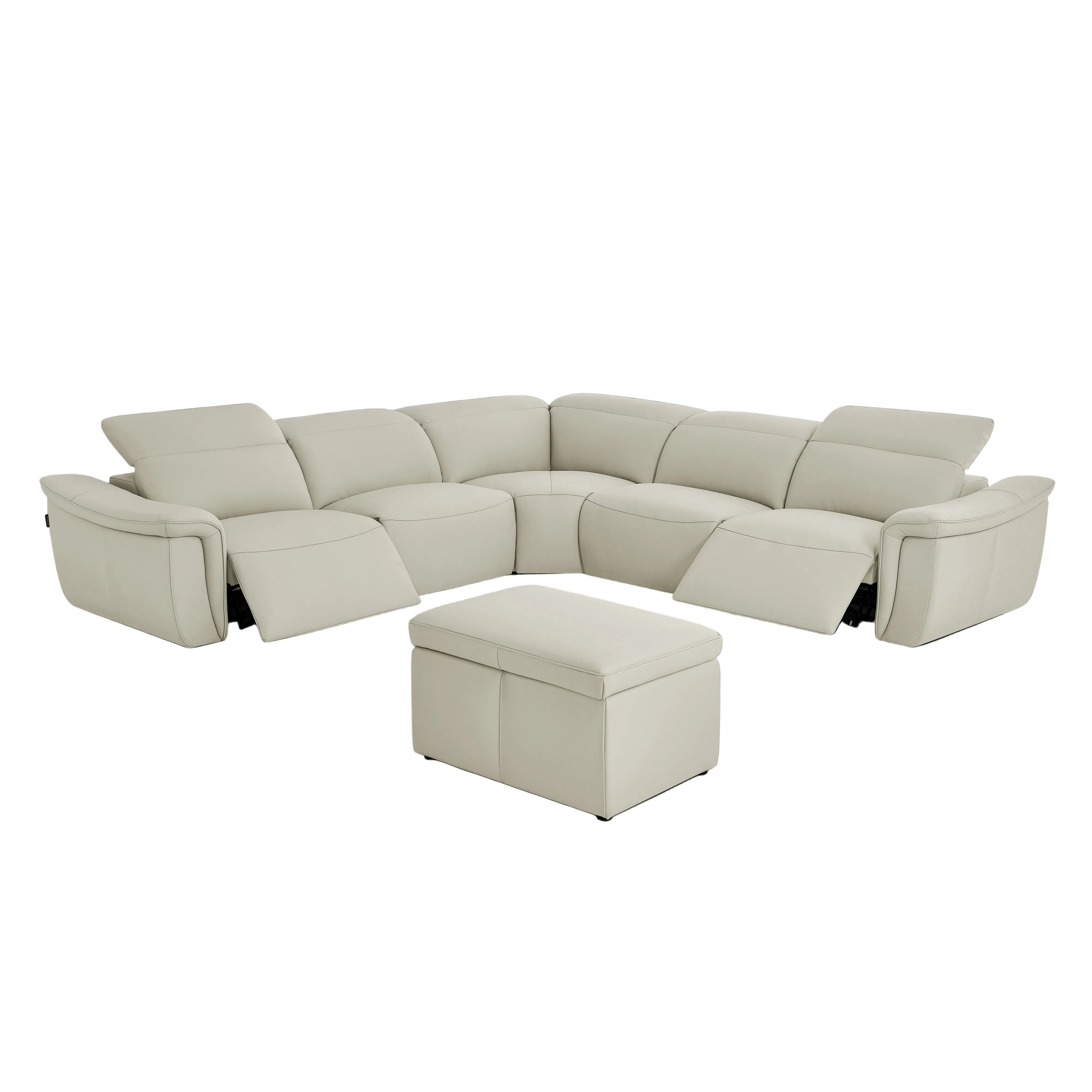 Vanessa 6-pc beige sectional sofa with ottoman on a gray background.
