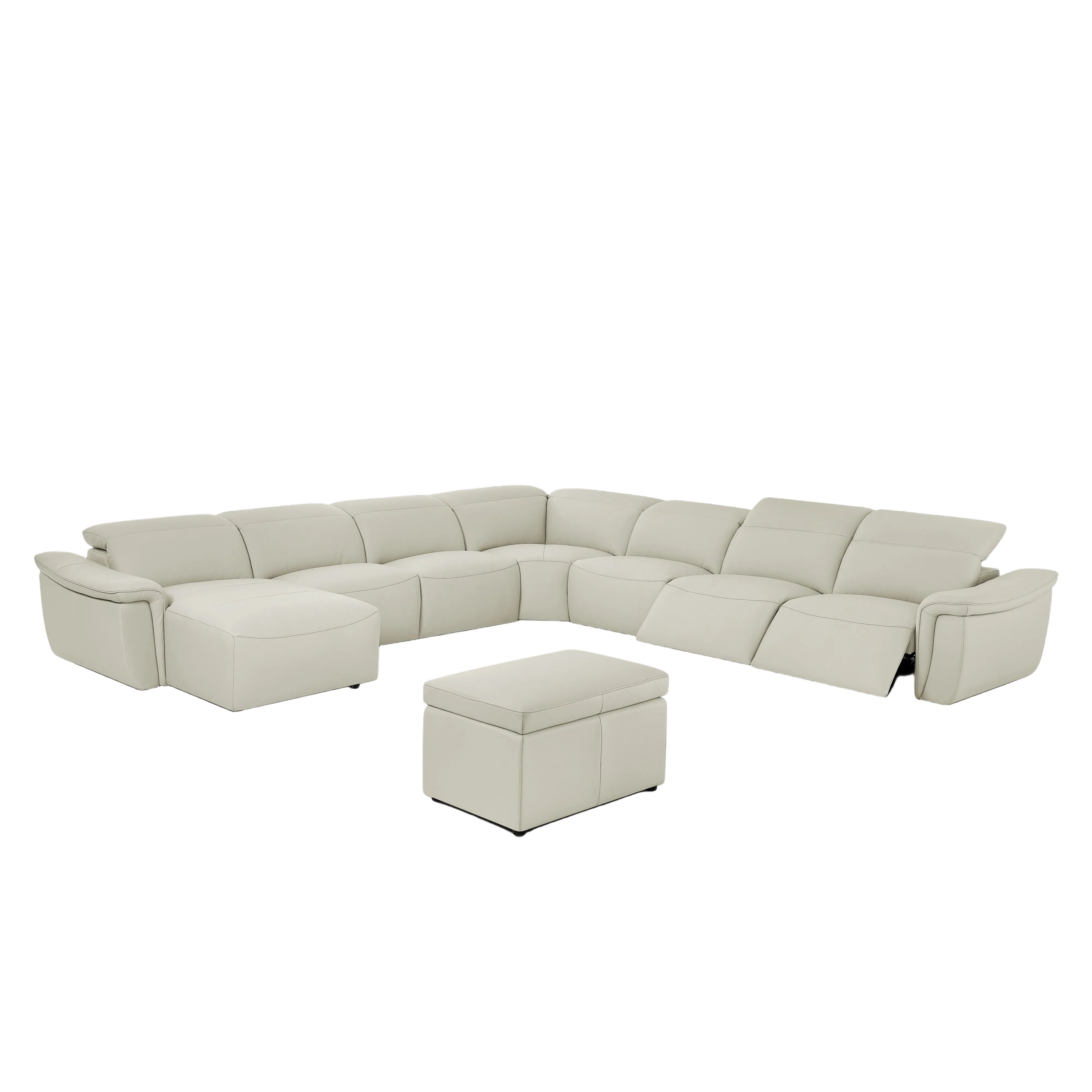 Vaness beige sectional sofa with reclining seats on a gray background.