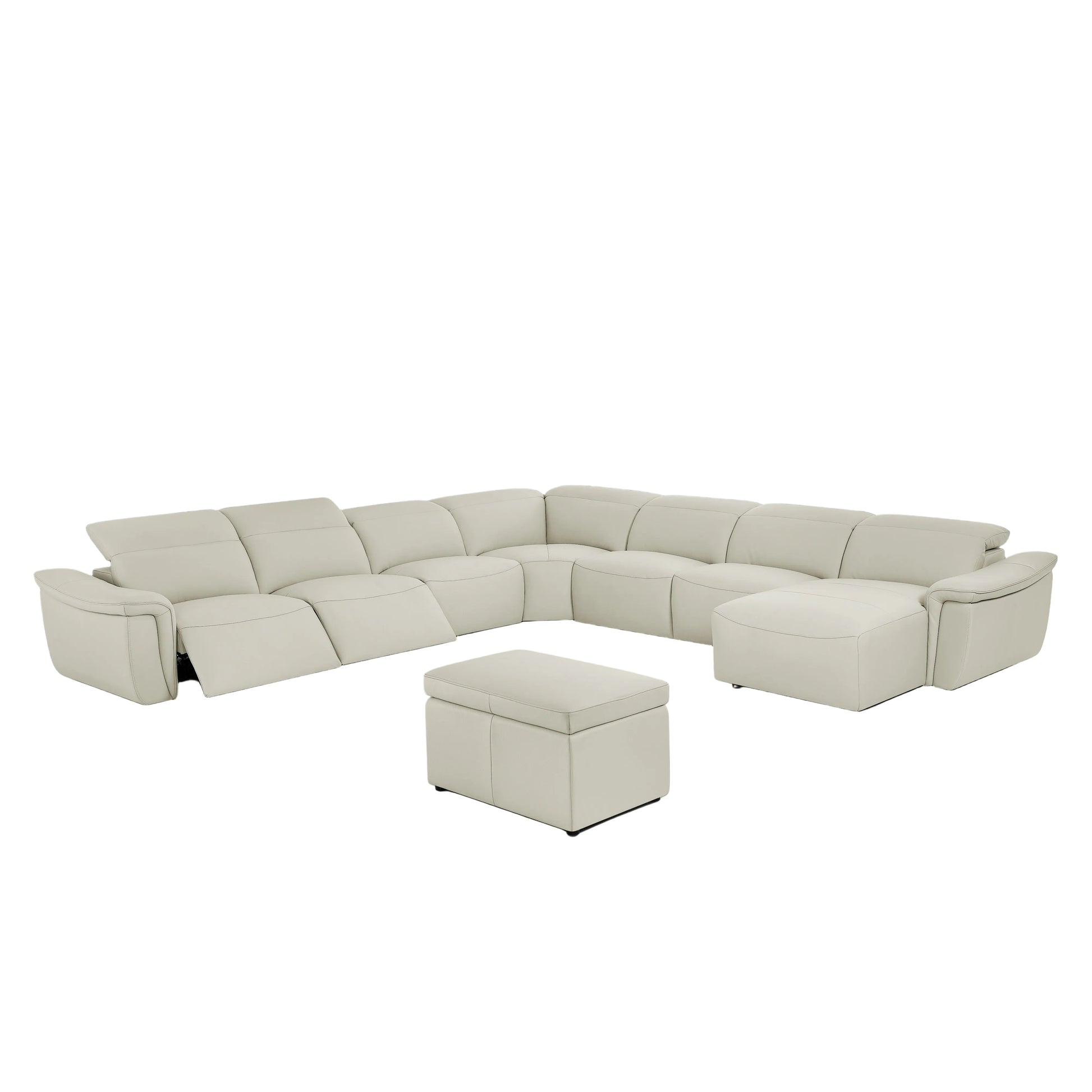 Vanessa beige sectional sofa with ottoman on a gray background. Right-facing chaise.