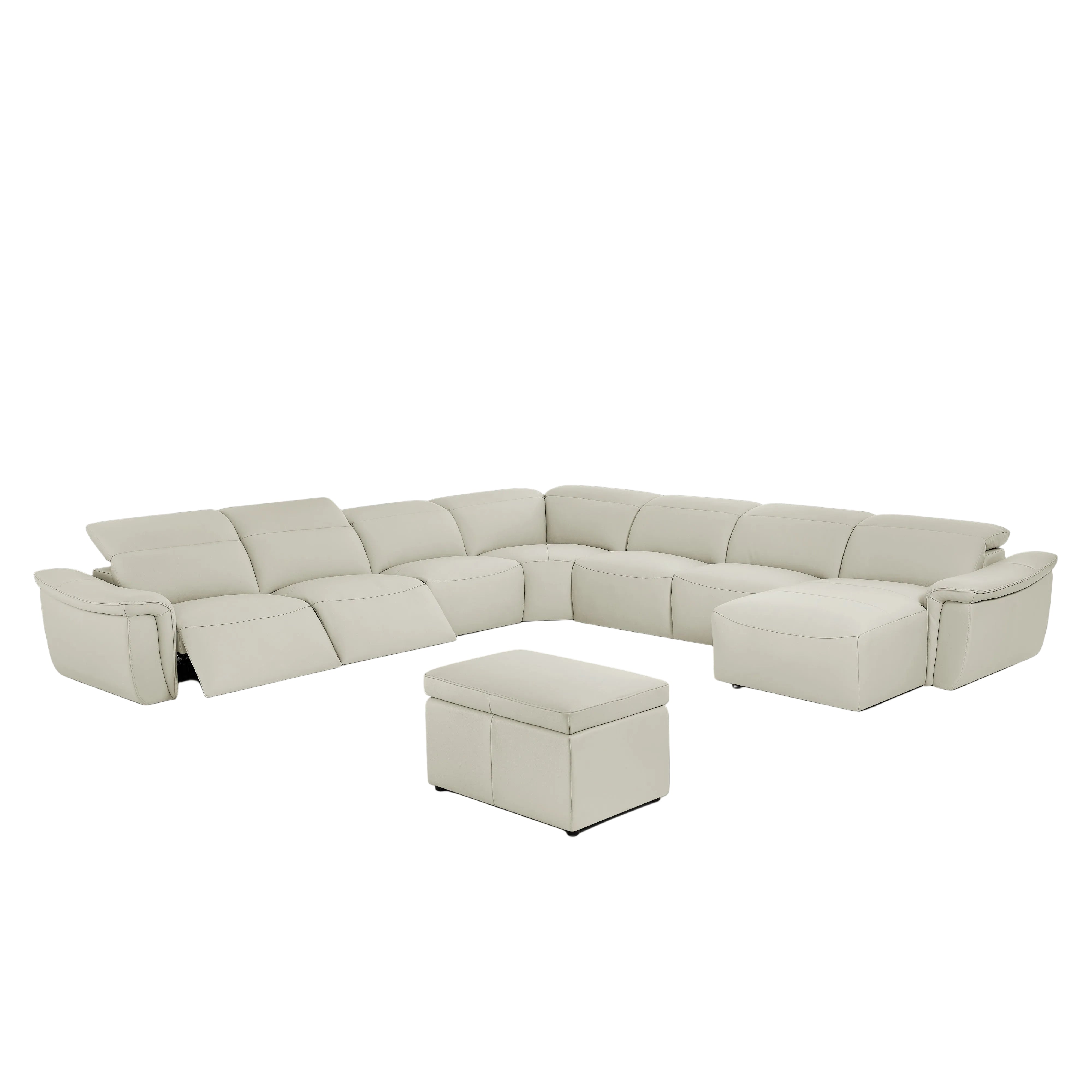 Vanessa beige sectional sofa with ottoman on a gray background. Right-facing chaise.