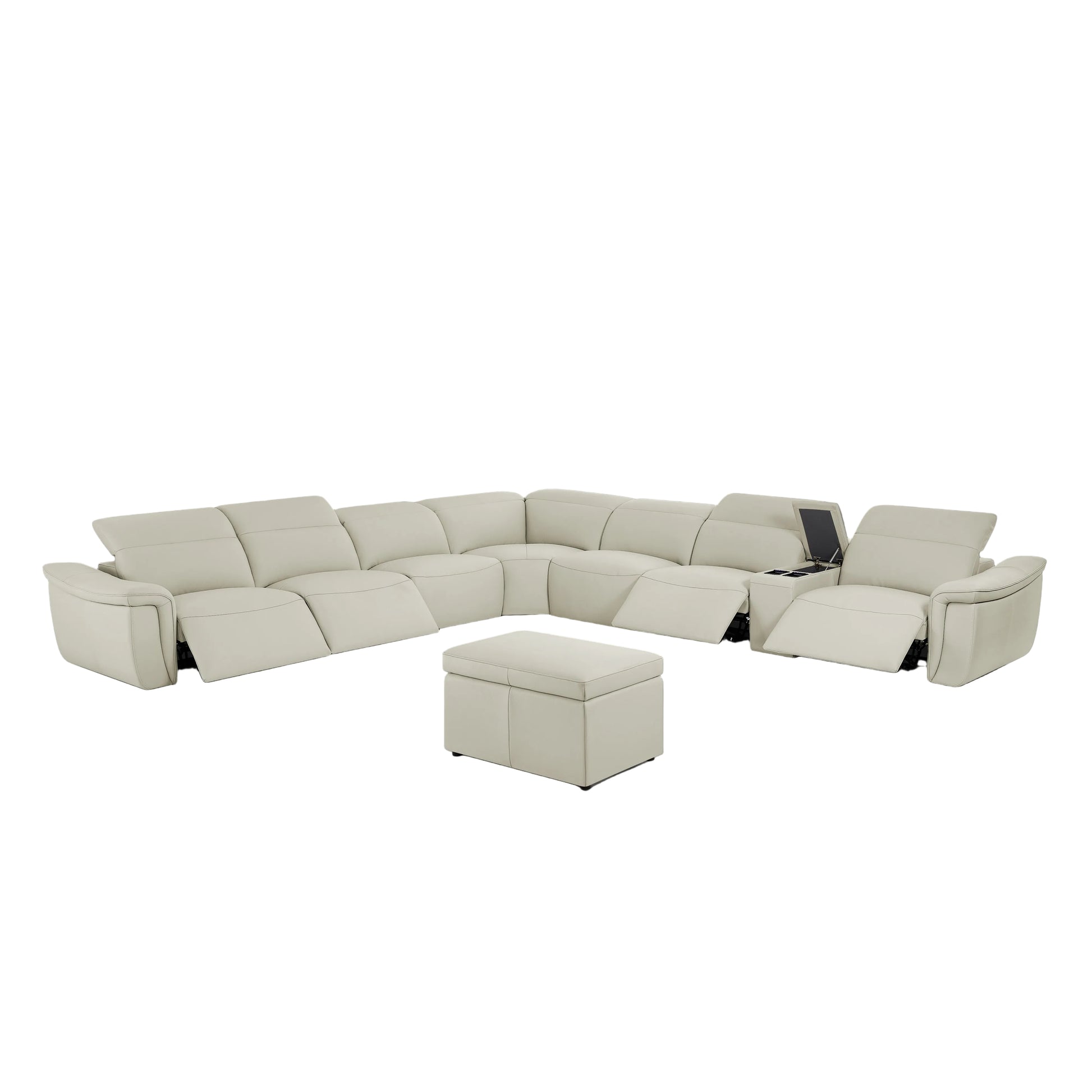 Vanessa 9-piece beige sectional sofa set with reclining chairs on a white background.