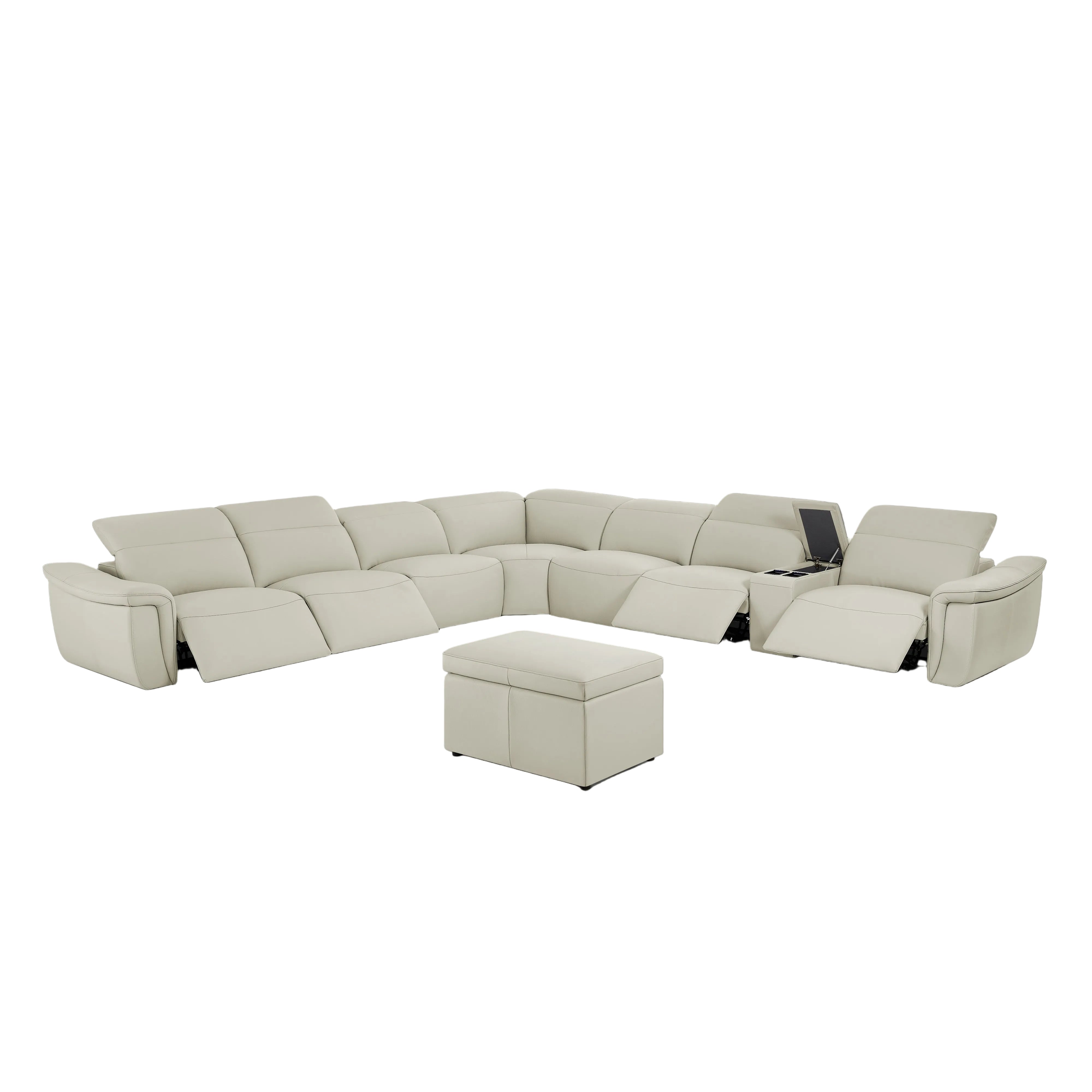 Vanessa 9-piece beige sectional sofa set with reclining chairs on a white background.