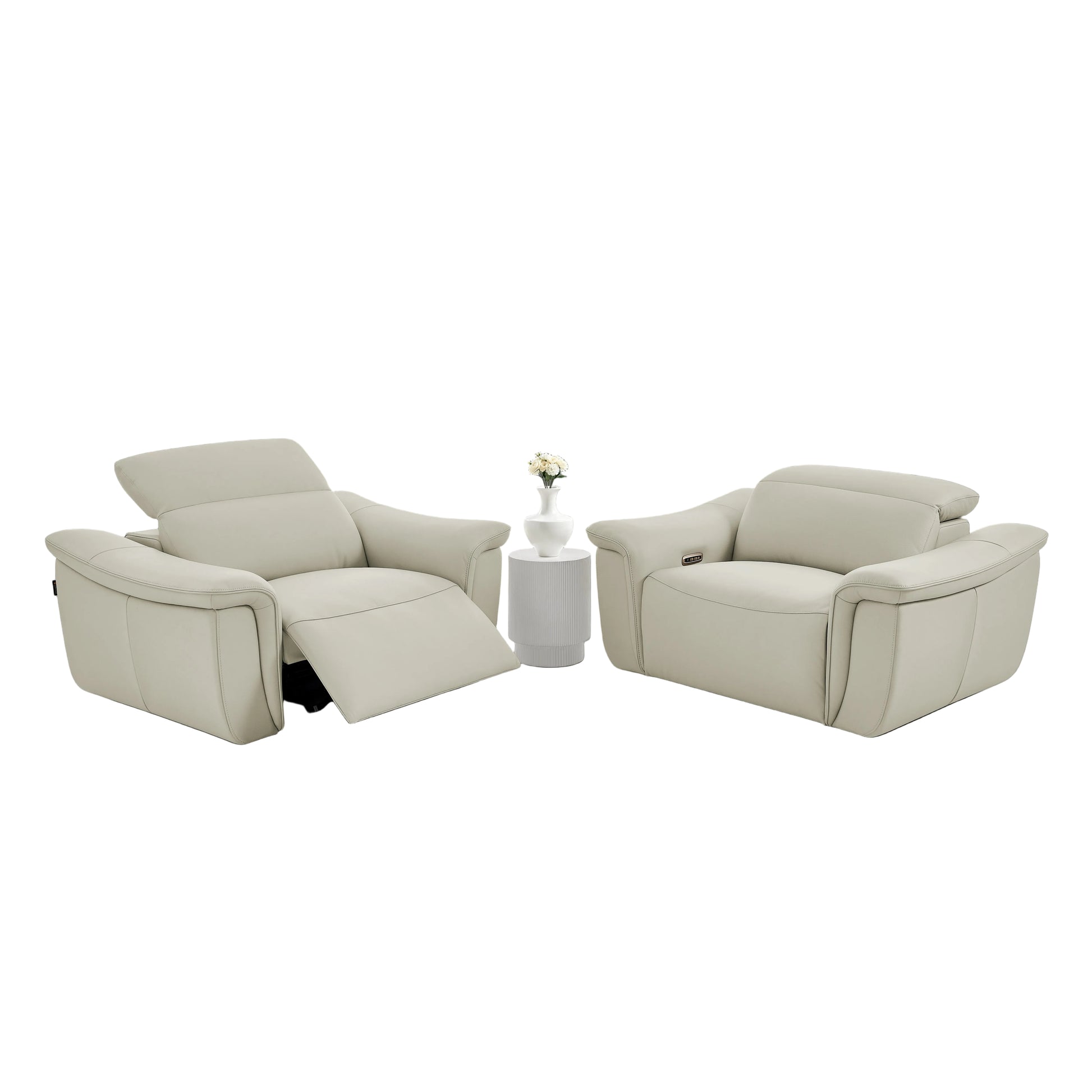 Vaness beige recliner chair with a small round table and vase on a white background.