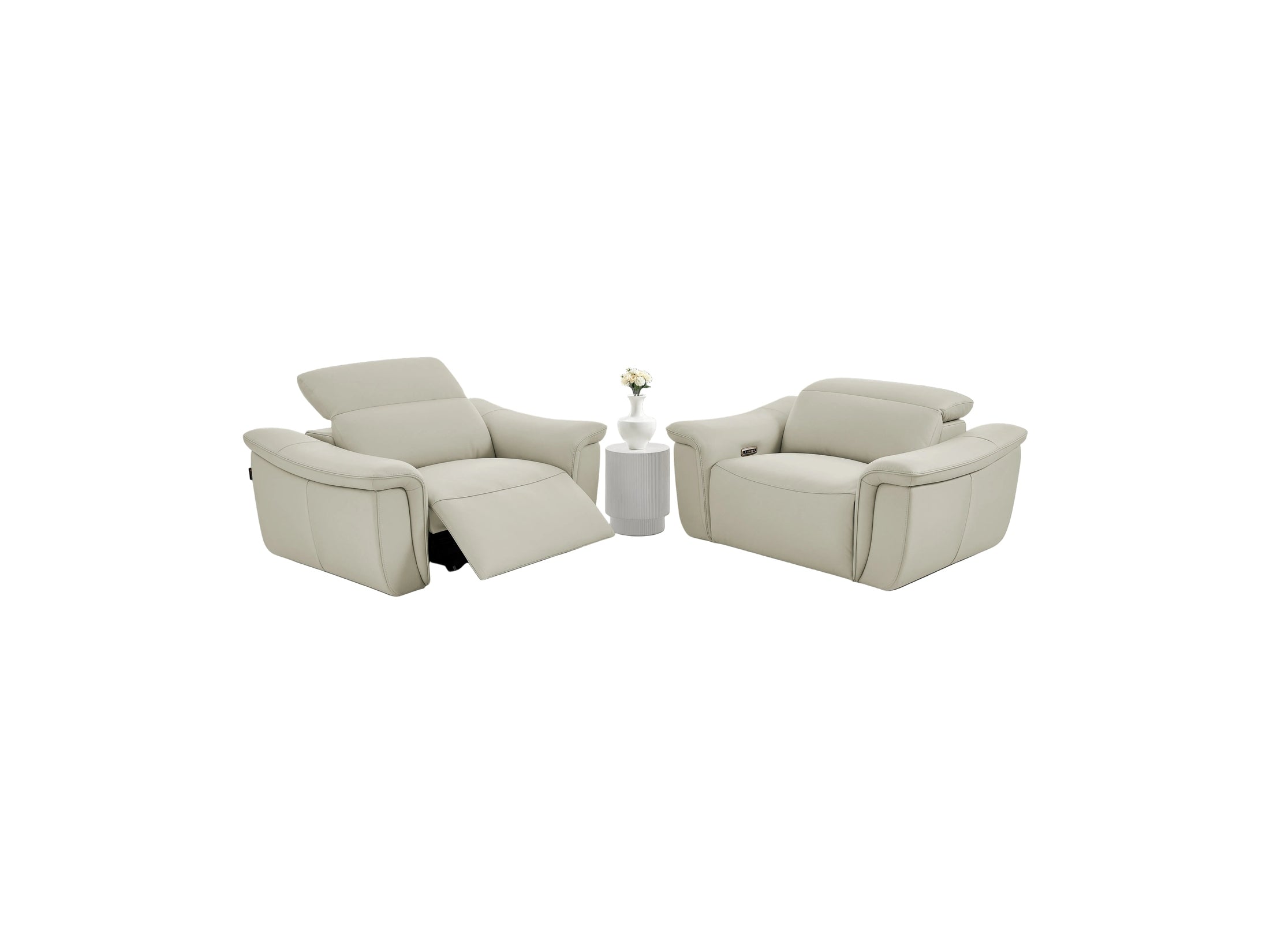 Vaness beige recliner chair with a small round table and vase on a white background.