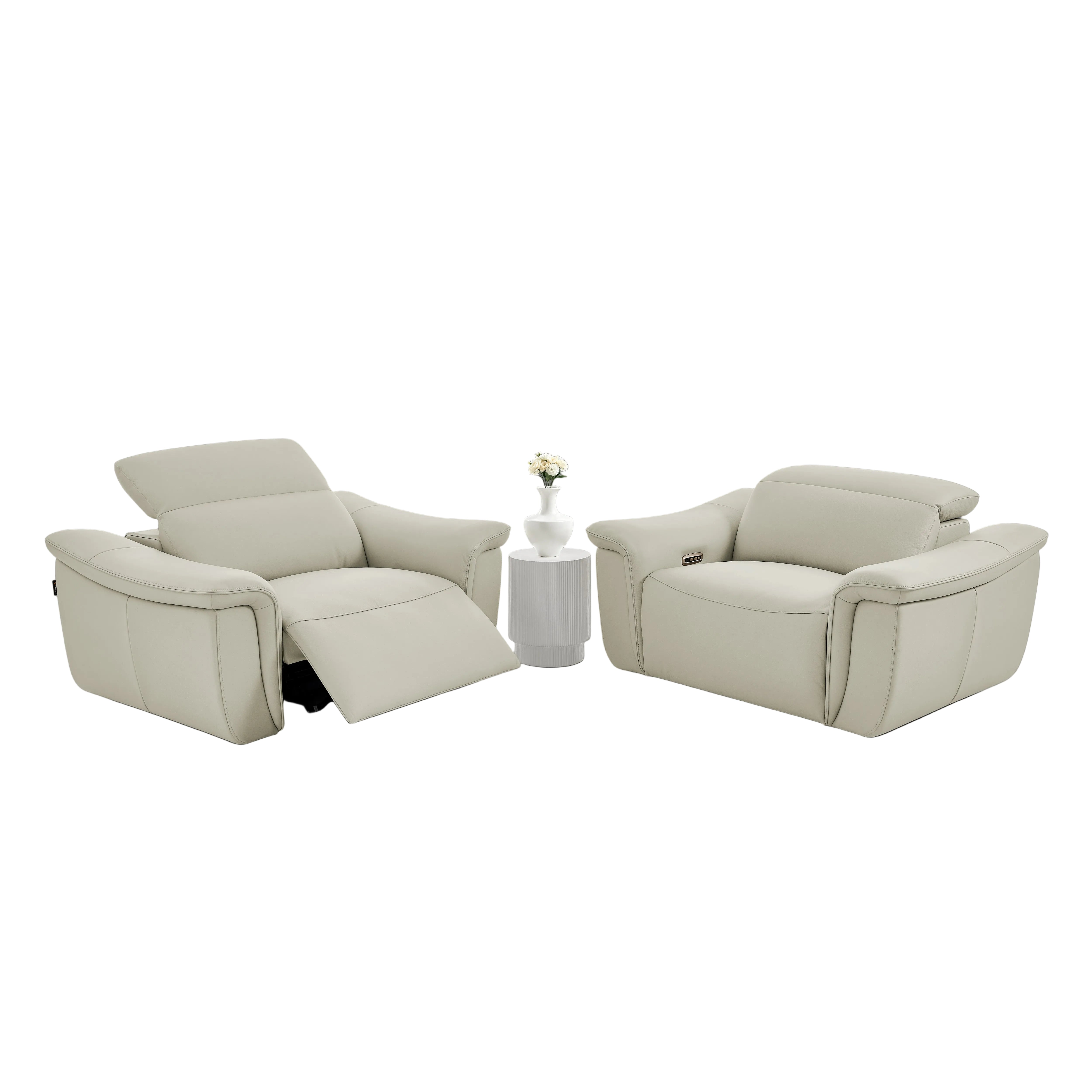 Vaness beige recliner chair with a small round table and vase on a white background.