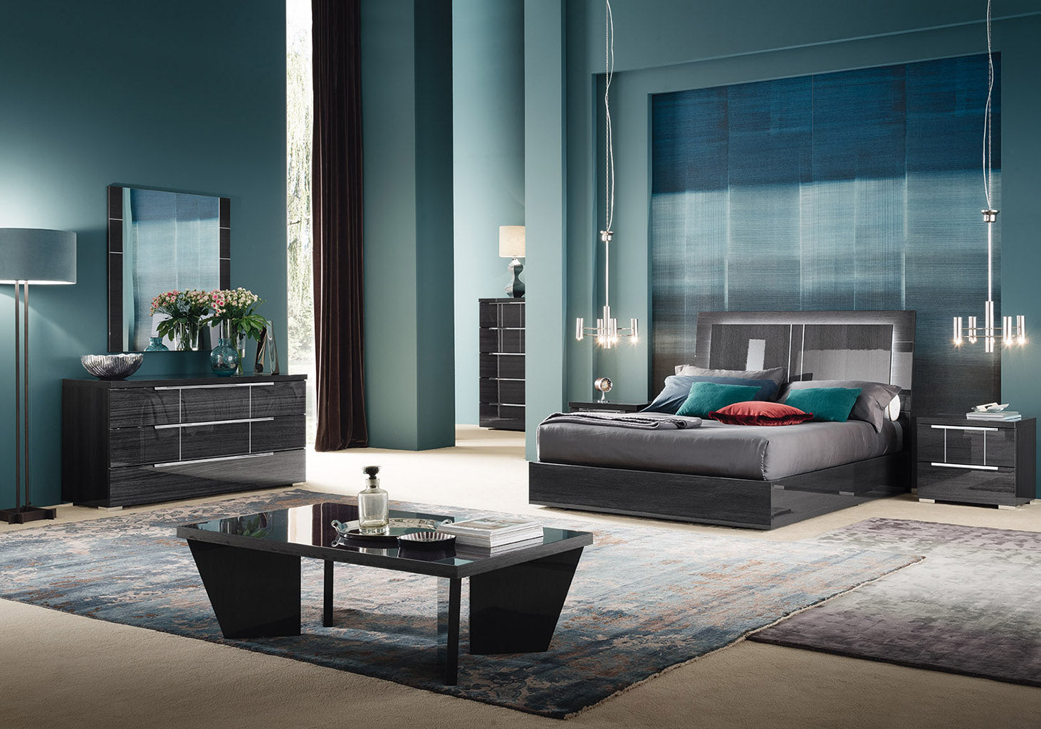 Versilia modern bedroom with a bed, coffee table, and decorative elements.