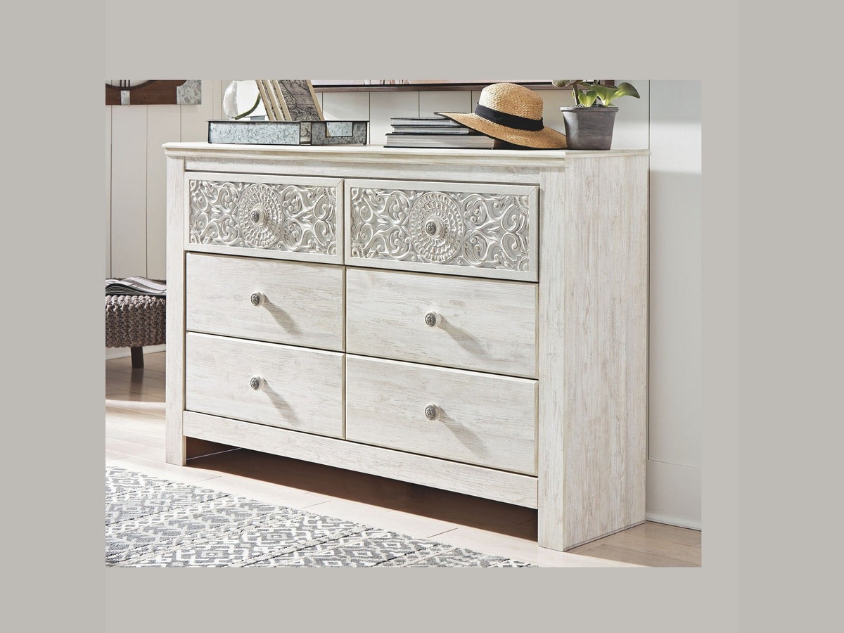 Paxberry - Six Drawer Dresser - Medallion Drawer Pulls - Whitewash