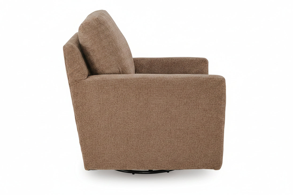 A brown textured fabric swivel armchair shown from a side angle against a plain white background.