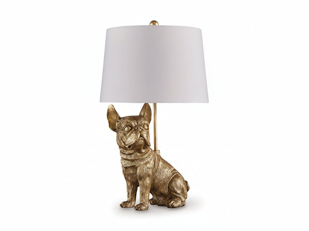 Wadeland gold bulldog lamp with a white shade on a white background.
