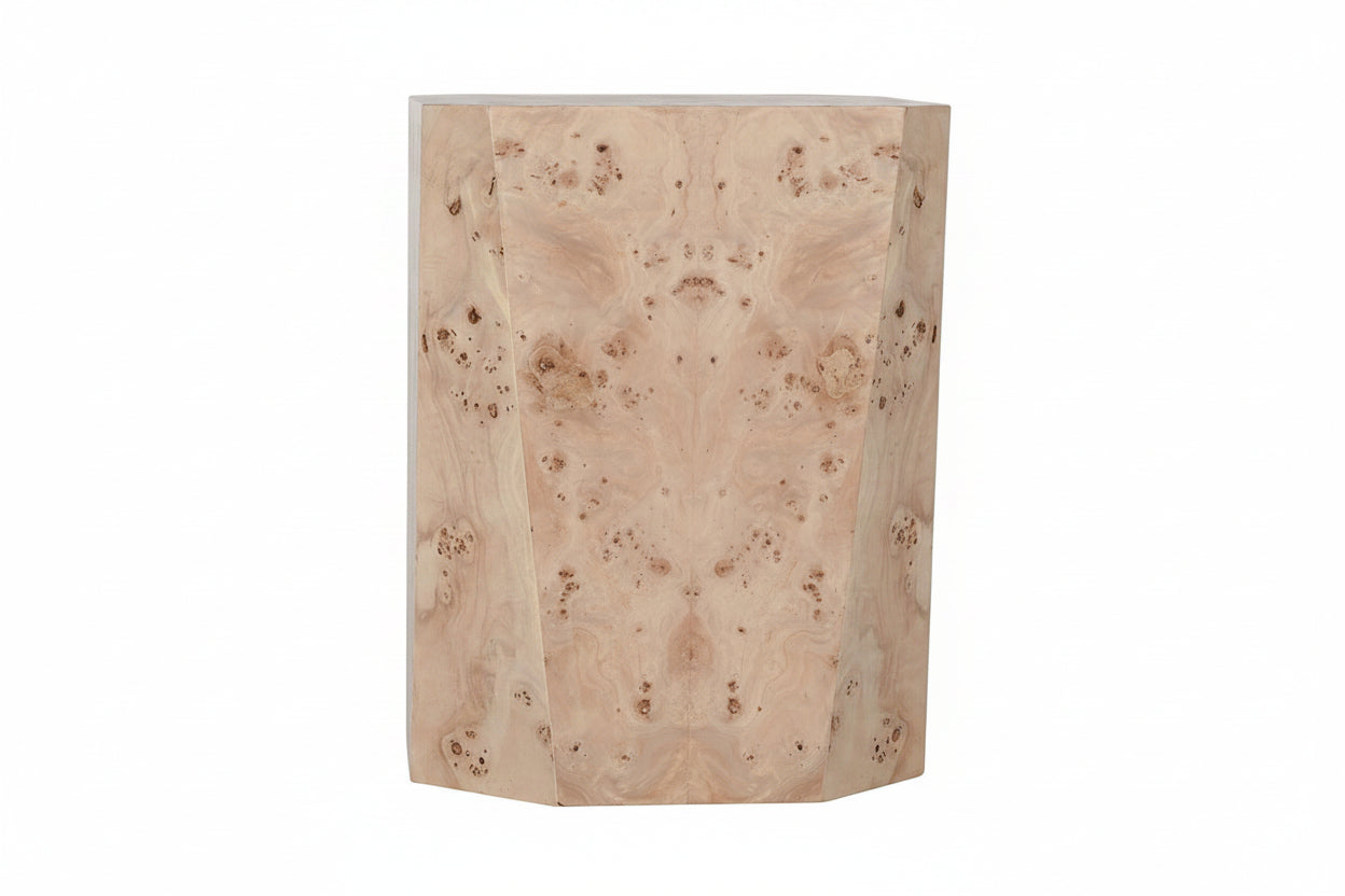 Hexagonal wooden side table with a natural finish on a white background