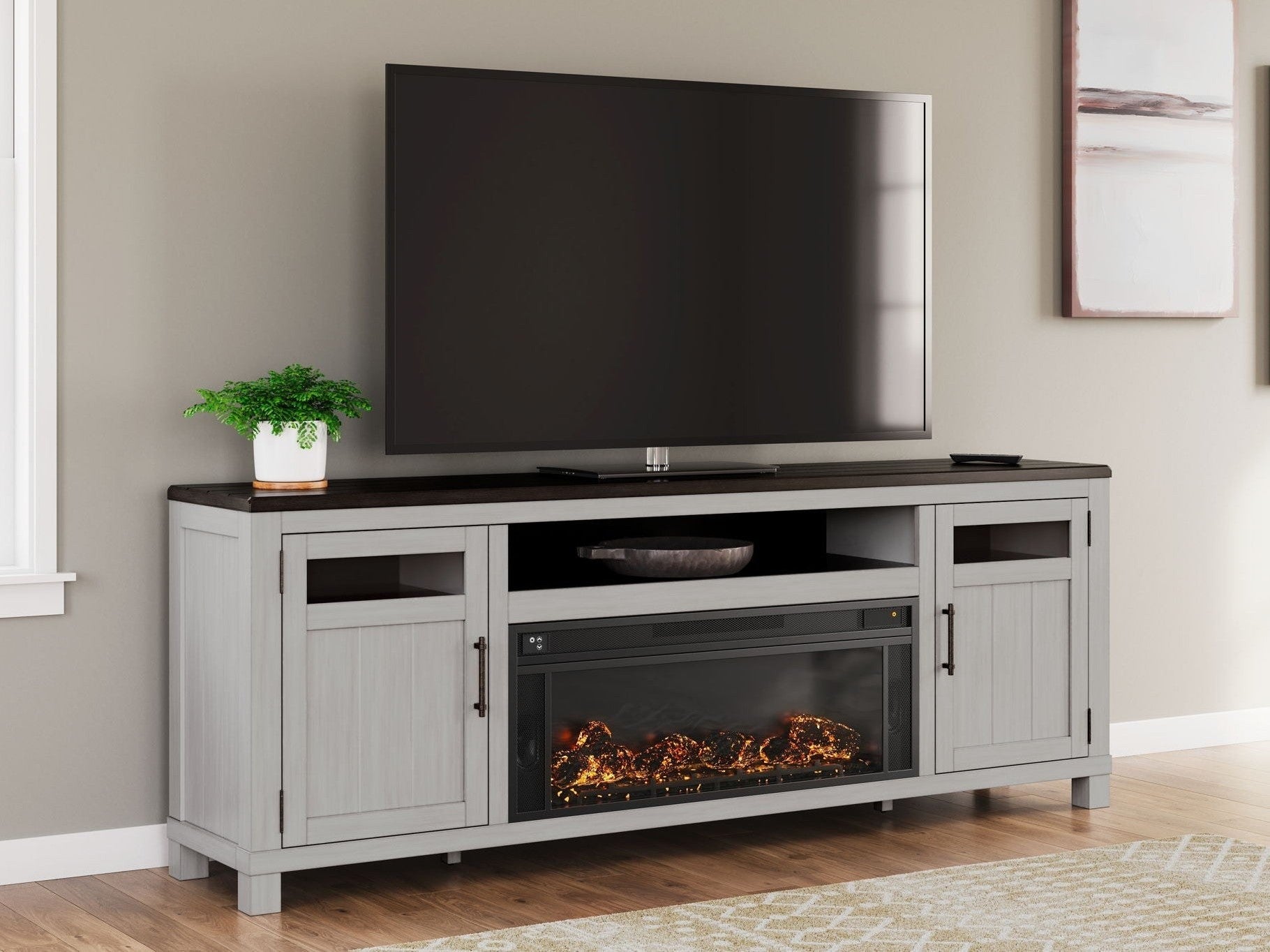 Darborn - 88" TV Stand With Electric Infrared Fireplace Insert - Gray / Brown