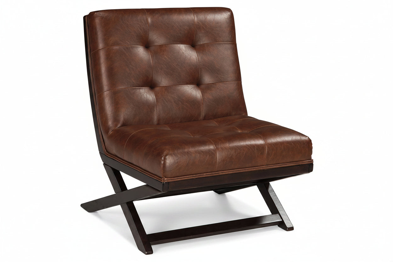 Brown leather chair with black metal legs on a white background